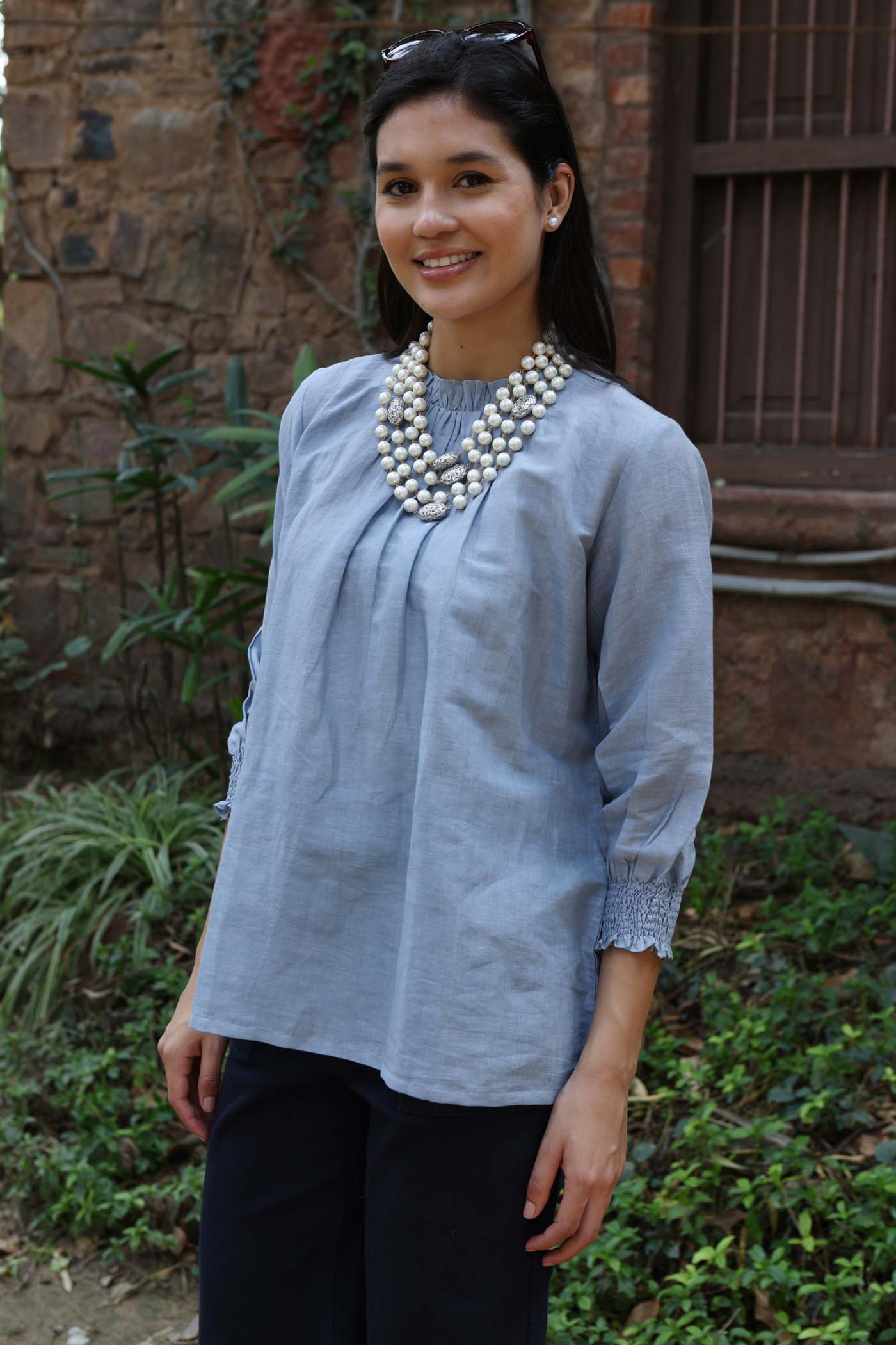 Shadow-Blue Handloom Pure Linen-Cotton Short Tunic With Frilled Band Collar, Gathers And Smocked Cuffs