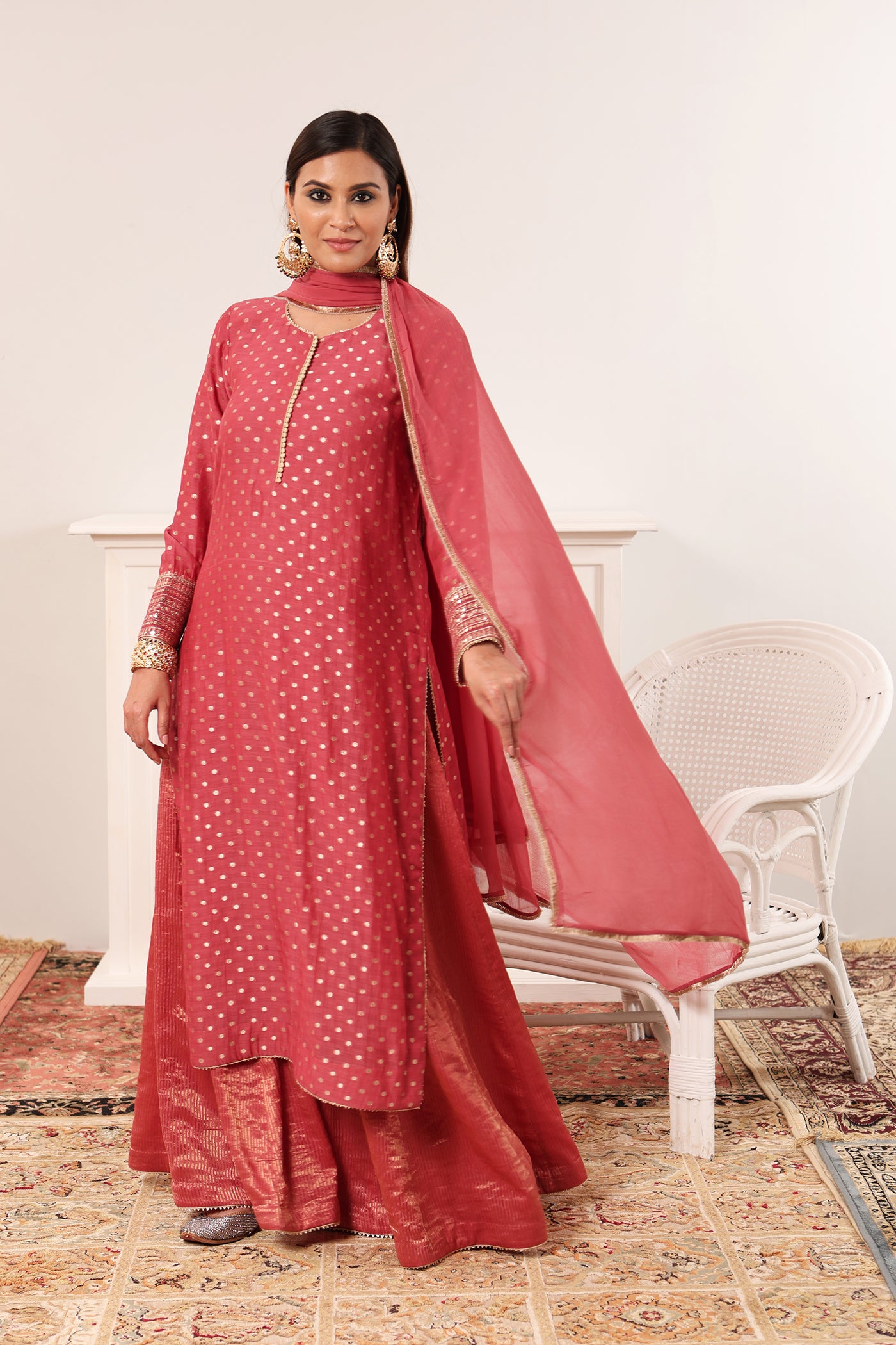 Rose-Pink Embroidered Pure Silk-Cotton (Polka Dots) Long-Kurta-Sharara Set