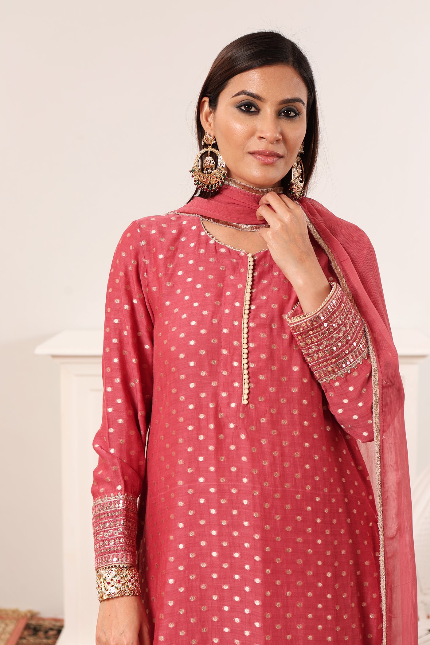 Rose-Pink Embroidered Pure Silk-Cotton (Polka Dots) Long-Kurta-Sharara Set