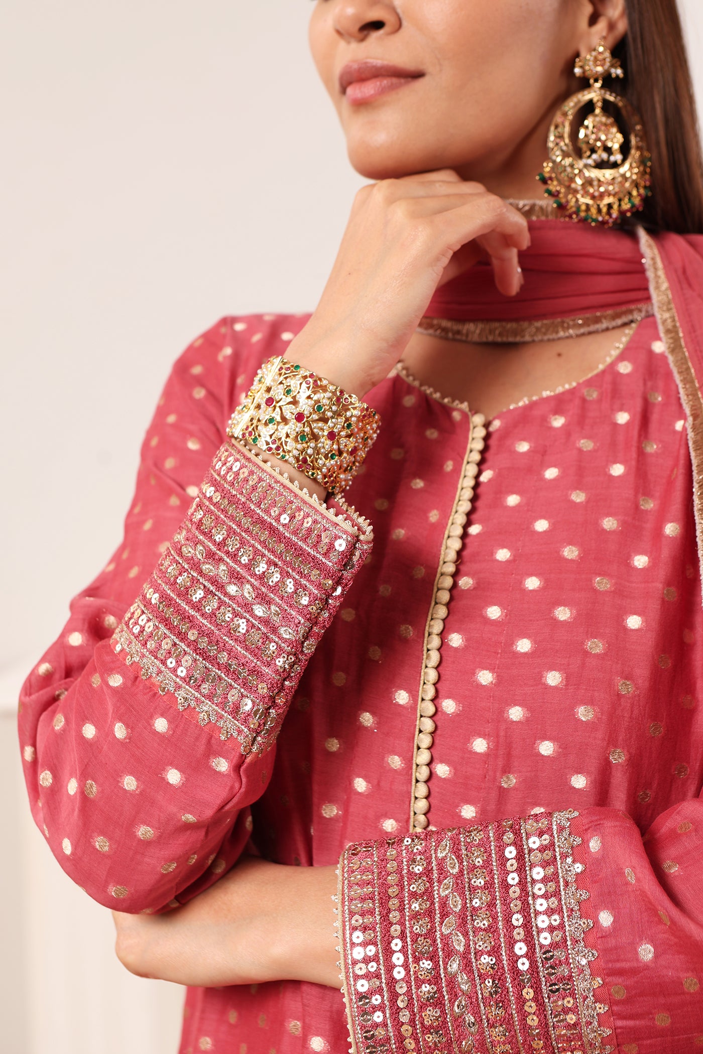 Rose-Pink Embroidered Pure Silk-Cotton (Polka Dots) Long-Kurta-Sharara Set