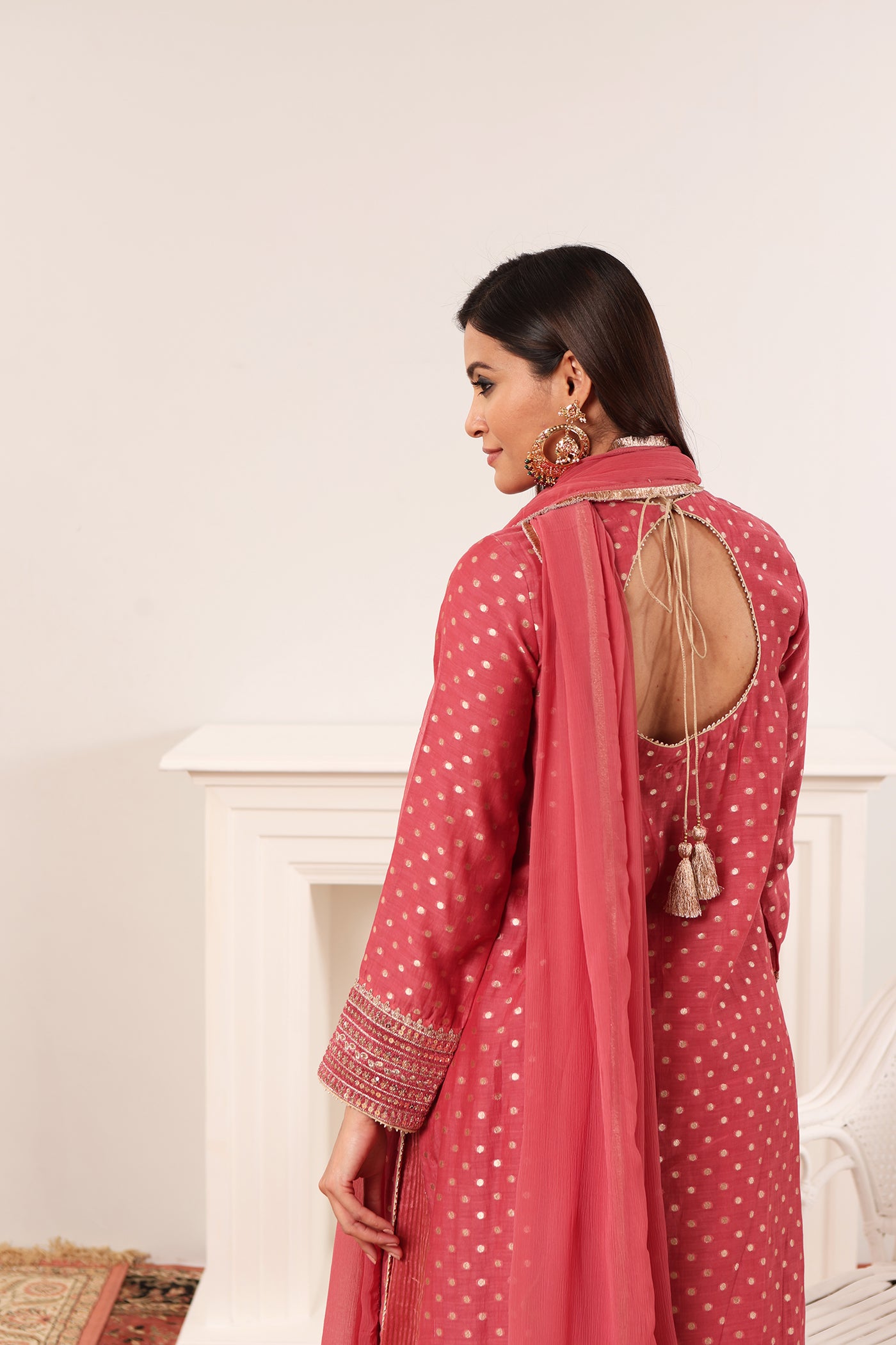 Rose-Pink Embroidered Pure Silk-Cotton (Polka Dots) Long-Kurta-Sharara Set