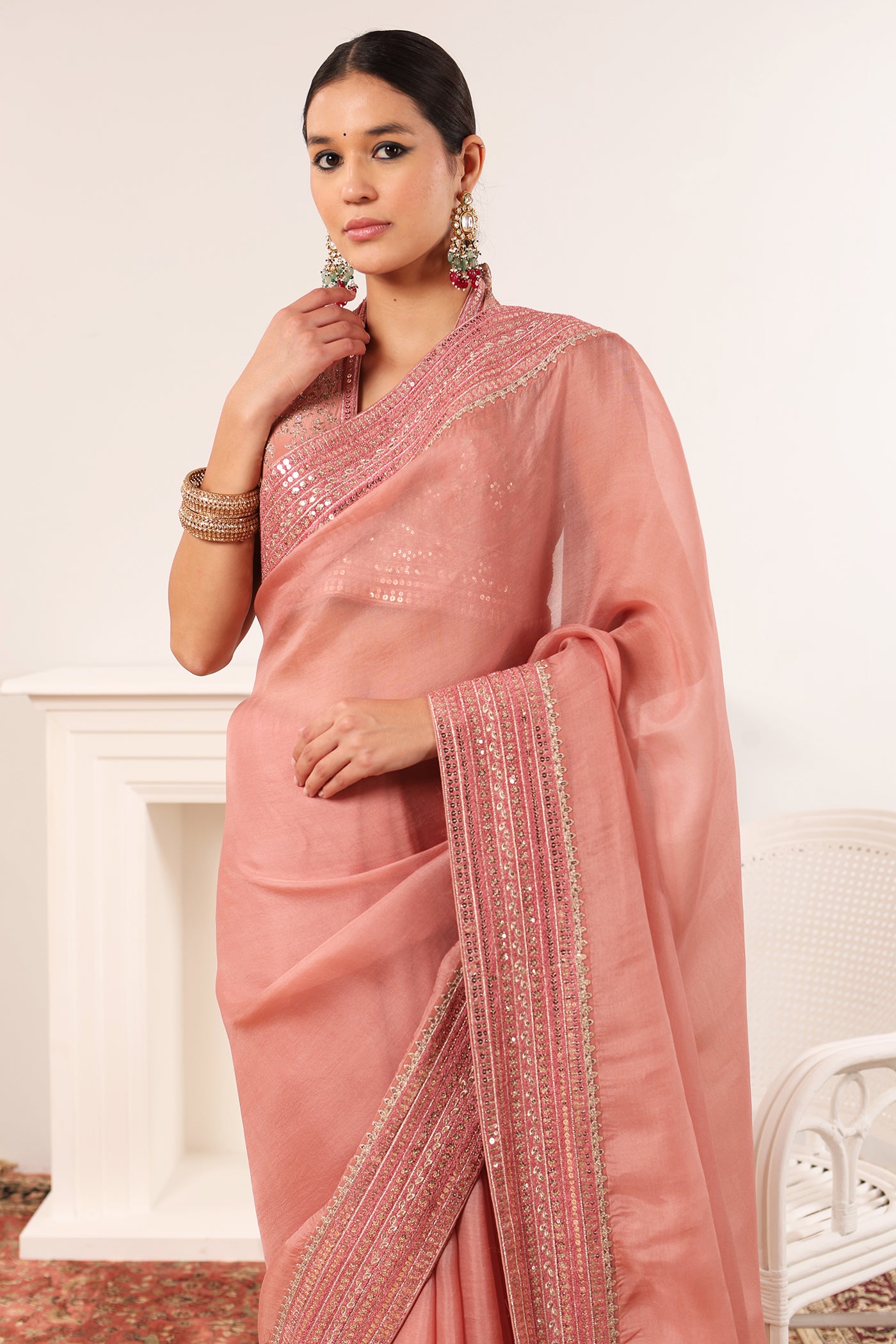 Dusty-Pink Embroidered Pure Silk-Organza Saree-Blouse Set