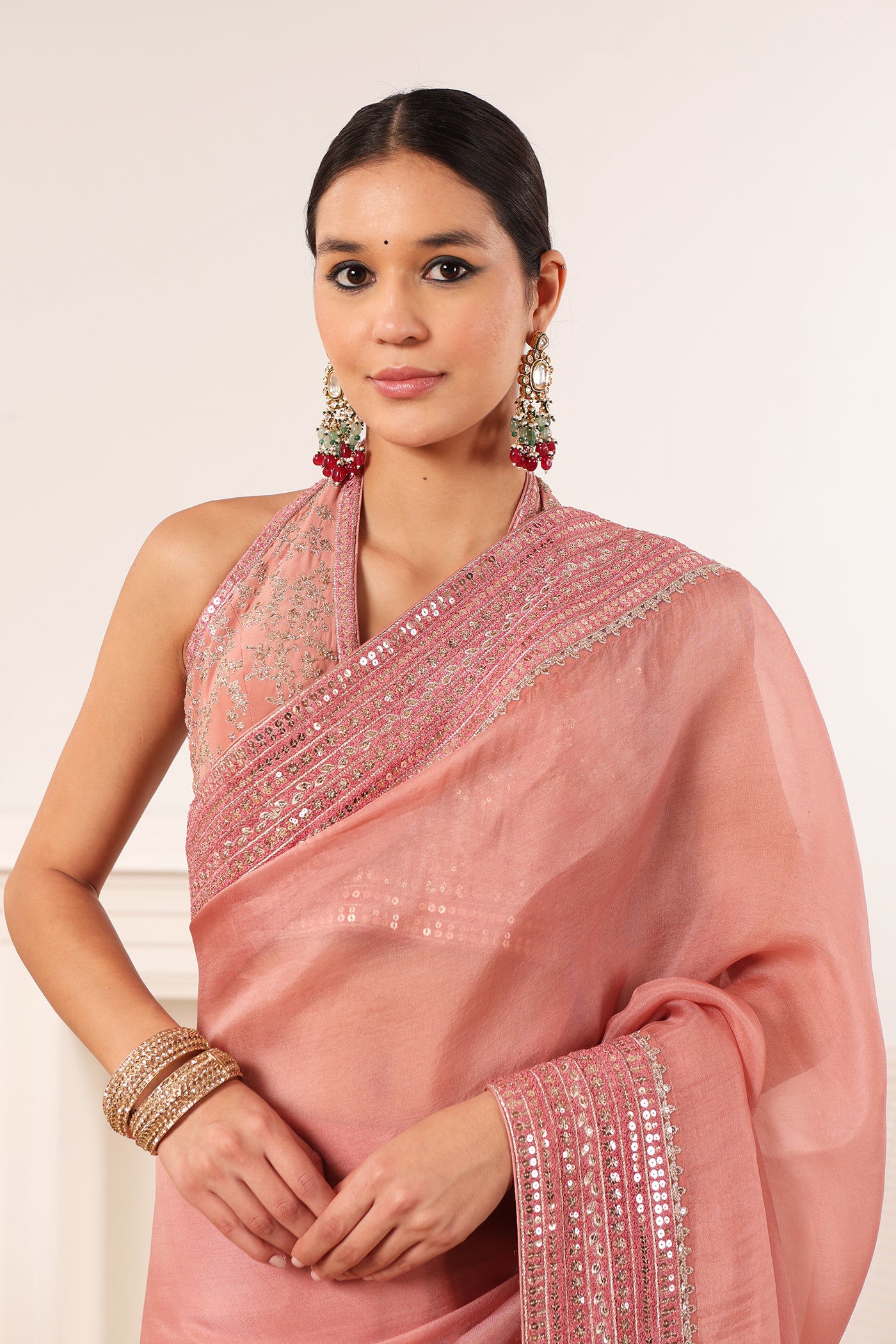 Dusty-Pink Embroidered Pure Silk-Organza Saree-Blouse Set