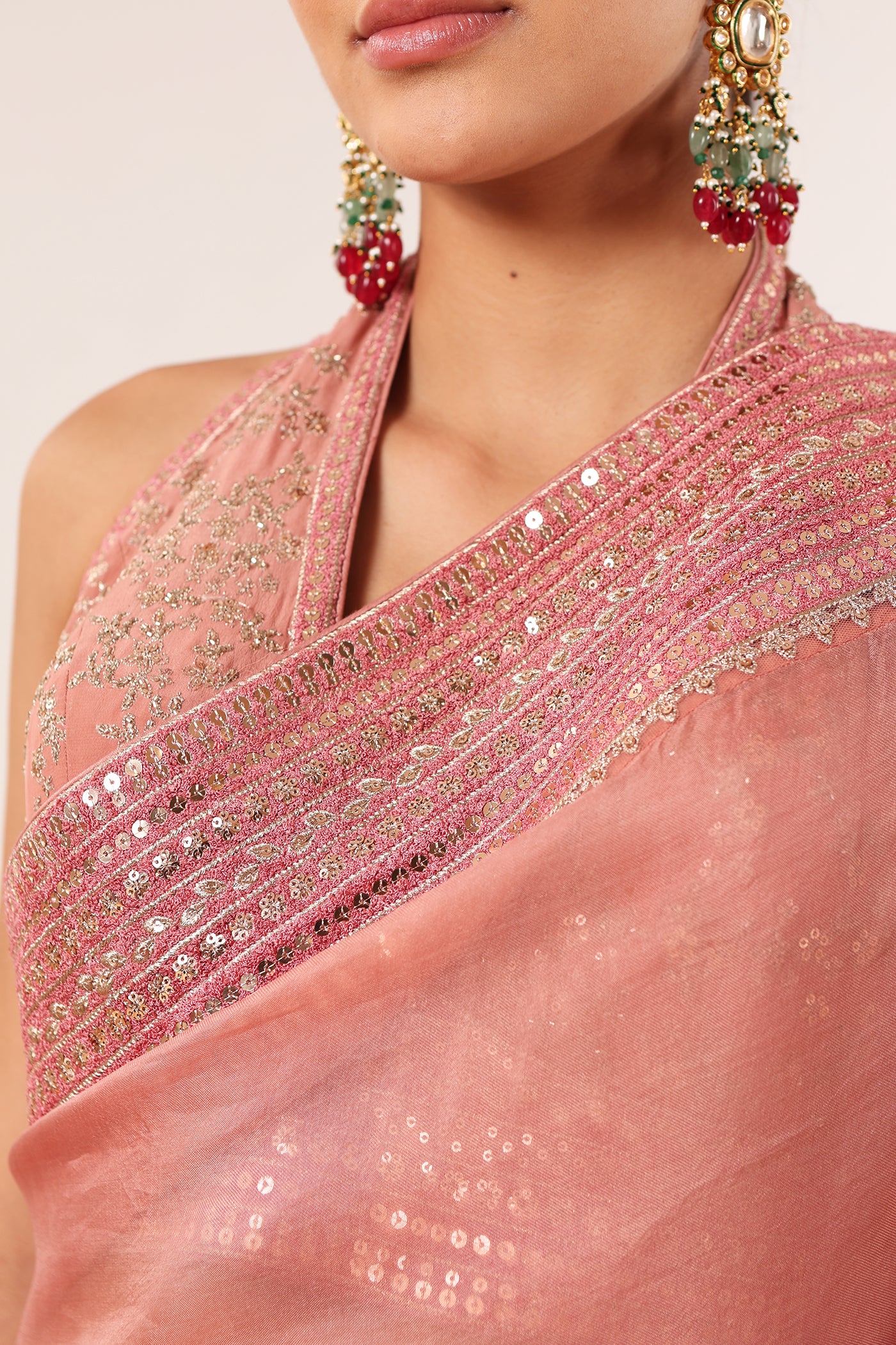 Dusty-Pink Embroidered Pure Silk-Organza Saree-Blouse Set