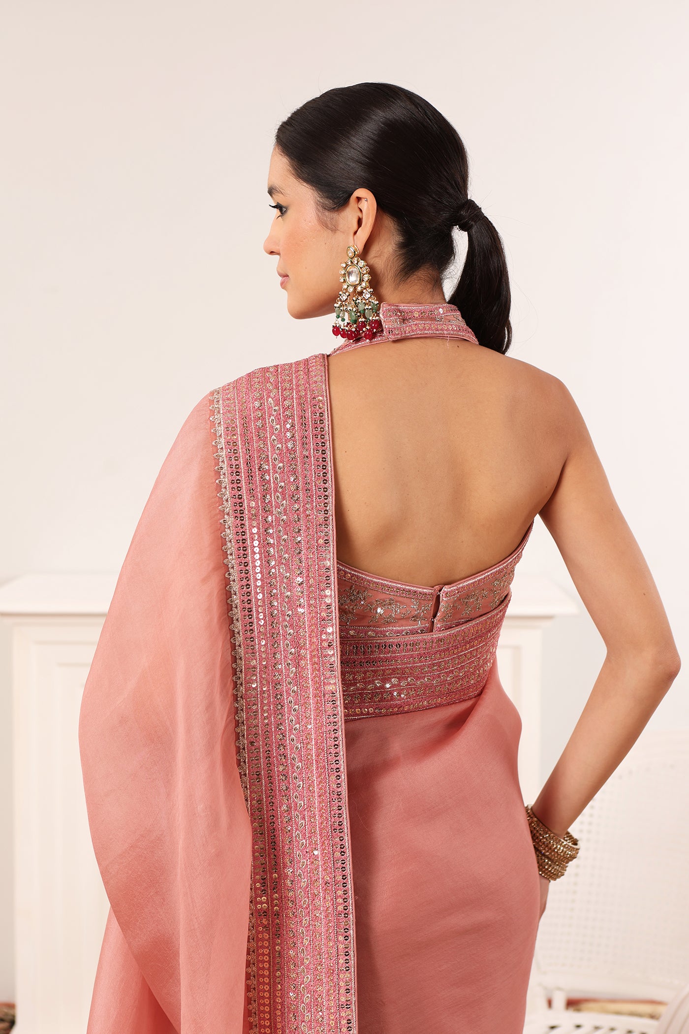 Dusty-Pink Embroidered Pure Silk-Organza Saree-Blouse Set