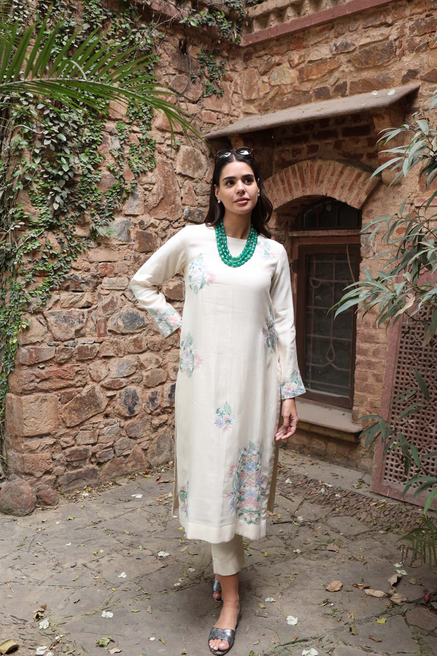 Ivory Pure Silk-Cotton Embroidered (Applique & Cuwork) Kurta-Pants Set