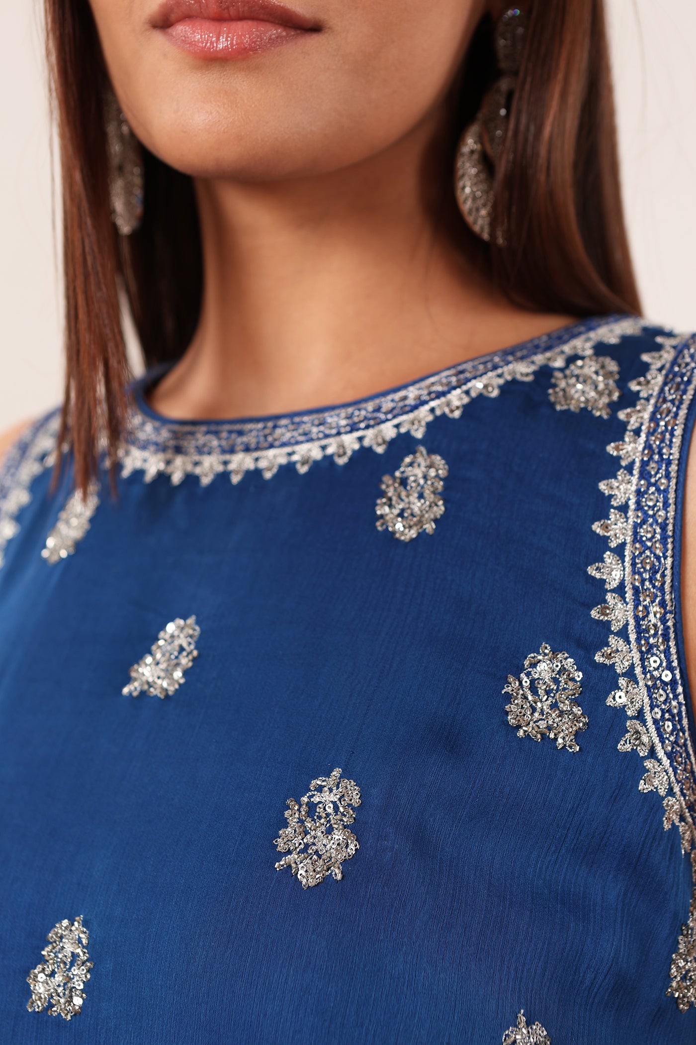 Royal-Blue Hand-Embroidered Silk-Tissue Lehenga-Set With Satin Kurti & Chiffon Dupatta