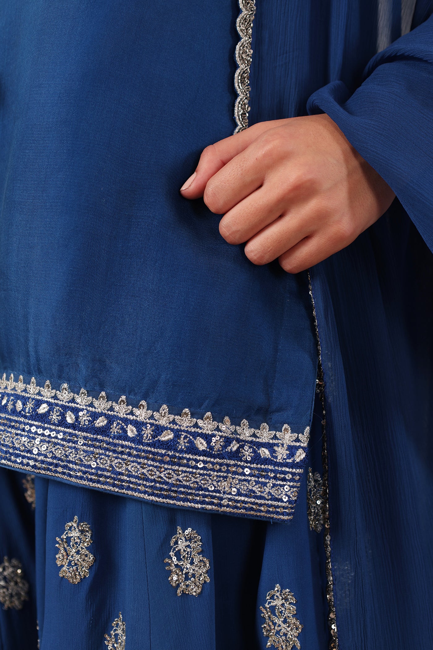 Royal-Blue Hand-Embroidered Pure Silk-Organza Short-Kurta-Sharara Set
