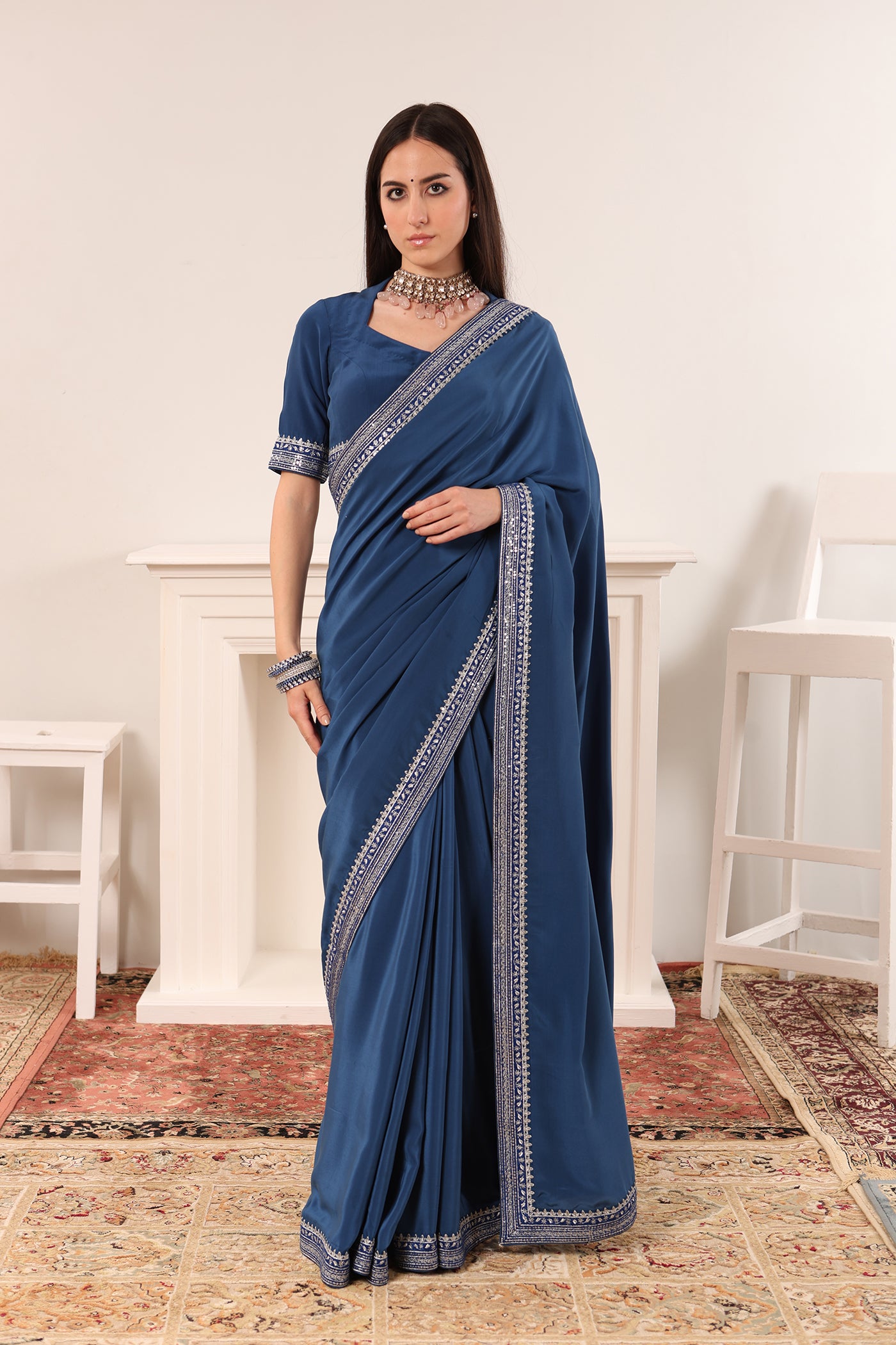 Royal-Blue Embroidered Pure Crepe-Silk Saree-Blouse Set