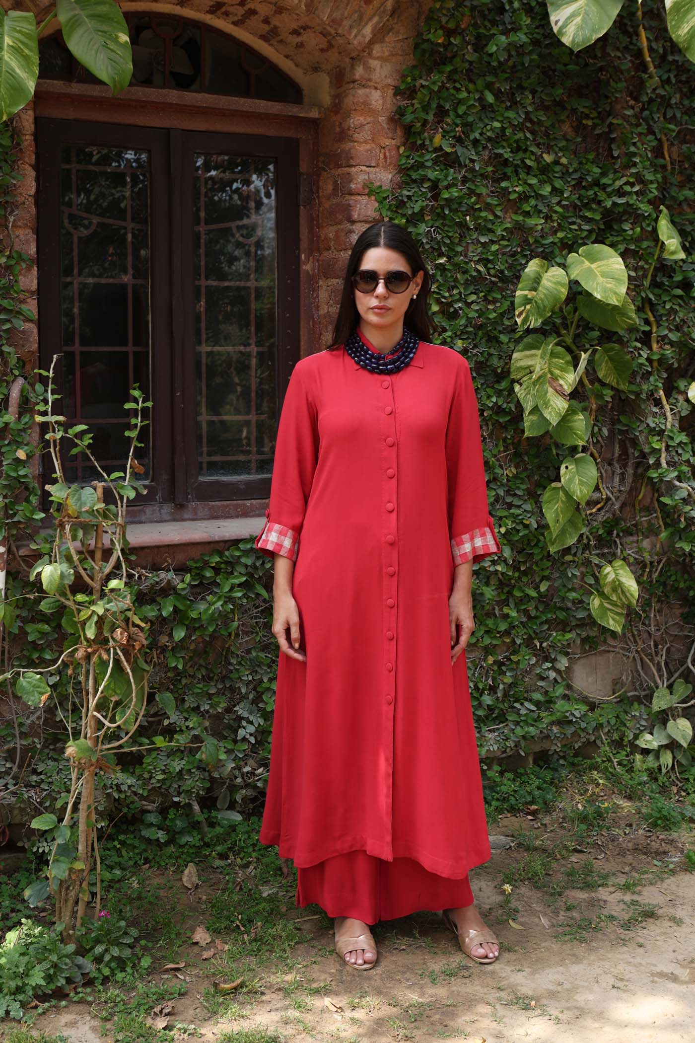 Red Georgette Front-Open Collared Long-Kurta Paired With Trousers