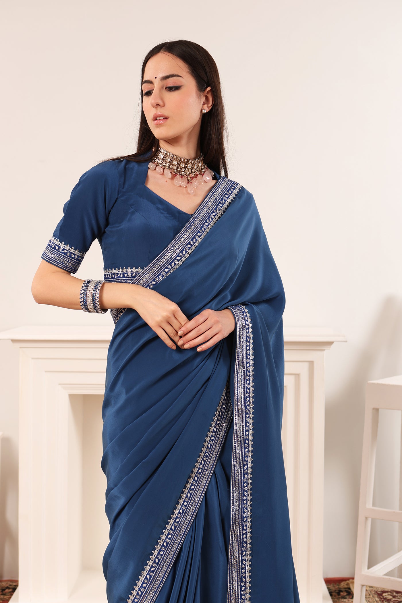 Royal-Blue Embroidered Pure Crepe-Silk Saree-Blouse Set
