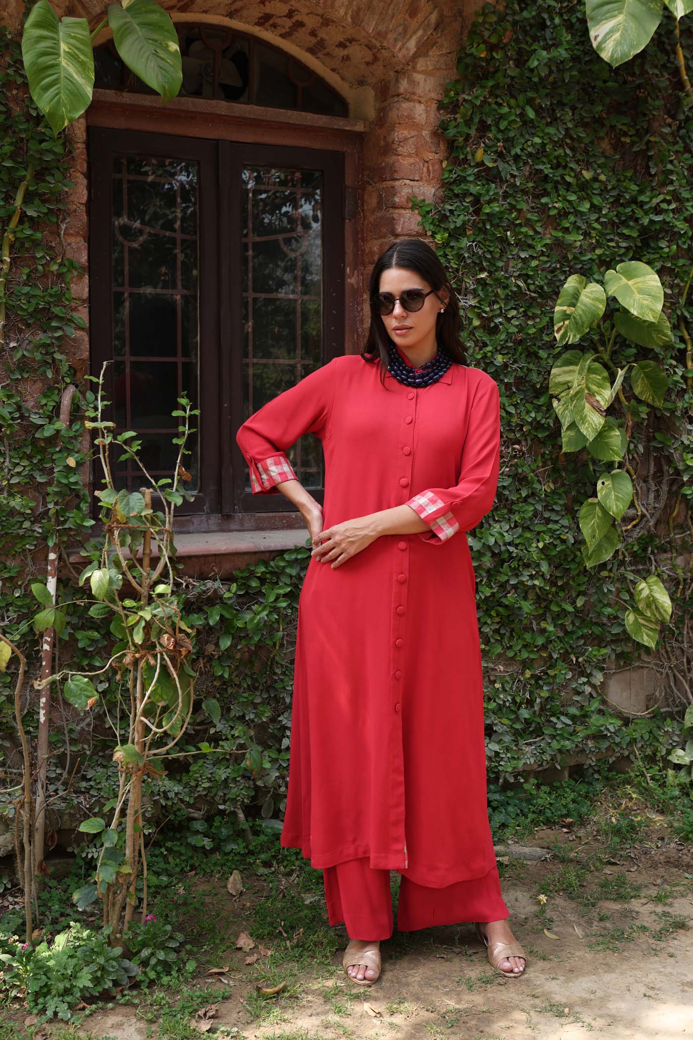 Red Georgette Front-Open Collared Long-Kurta Paired With Trousers