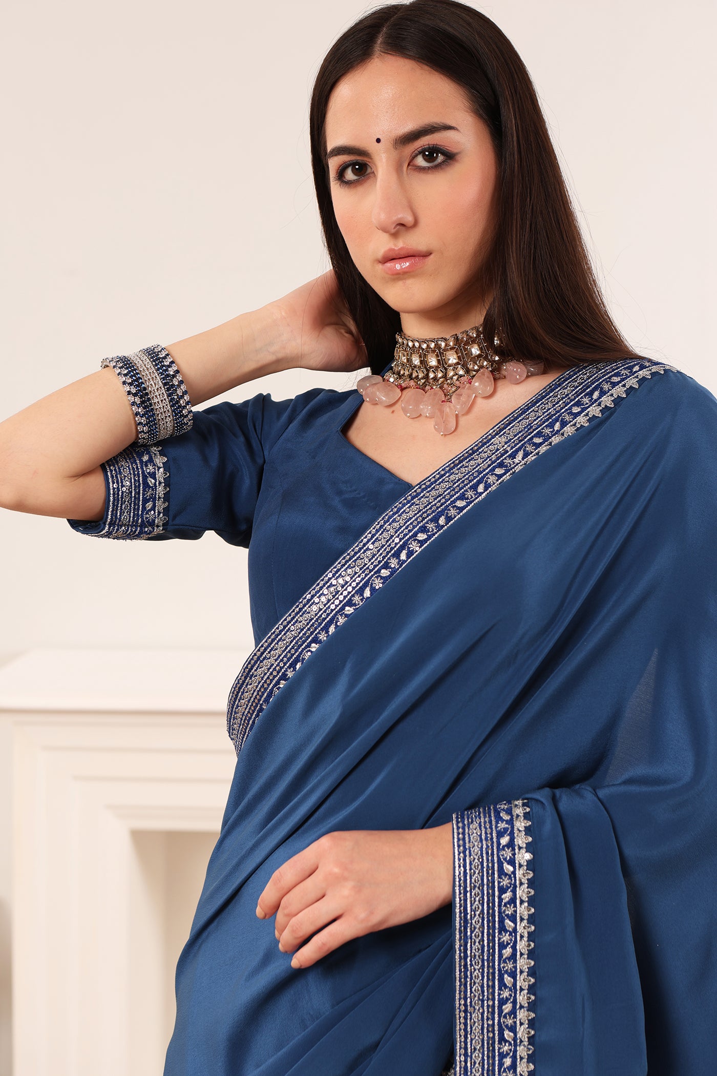 Royal-Blue Embroidered Pure Crepe-Silk Saree-Blouse Set