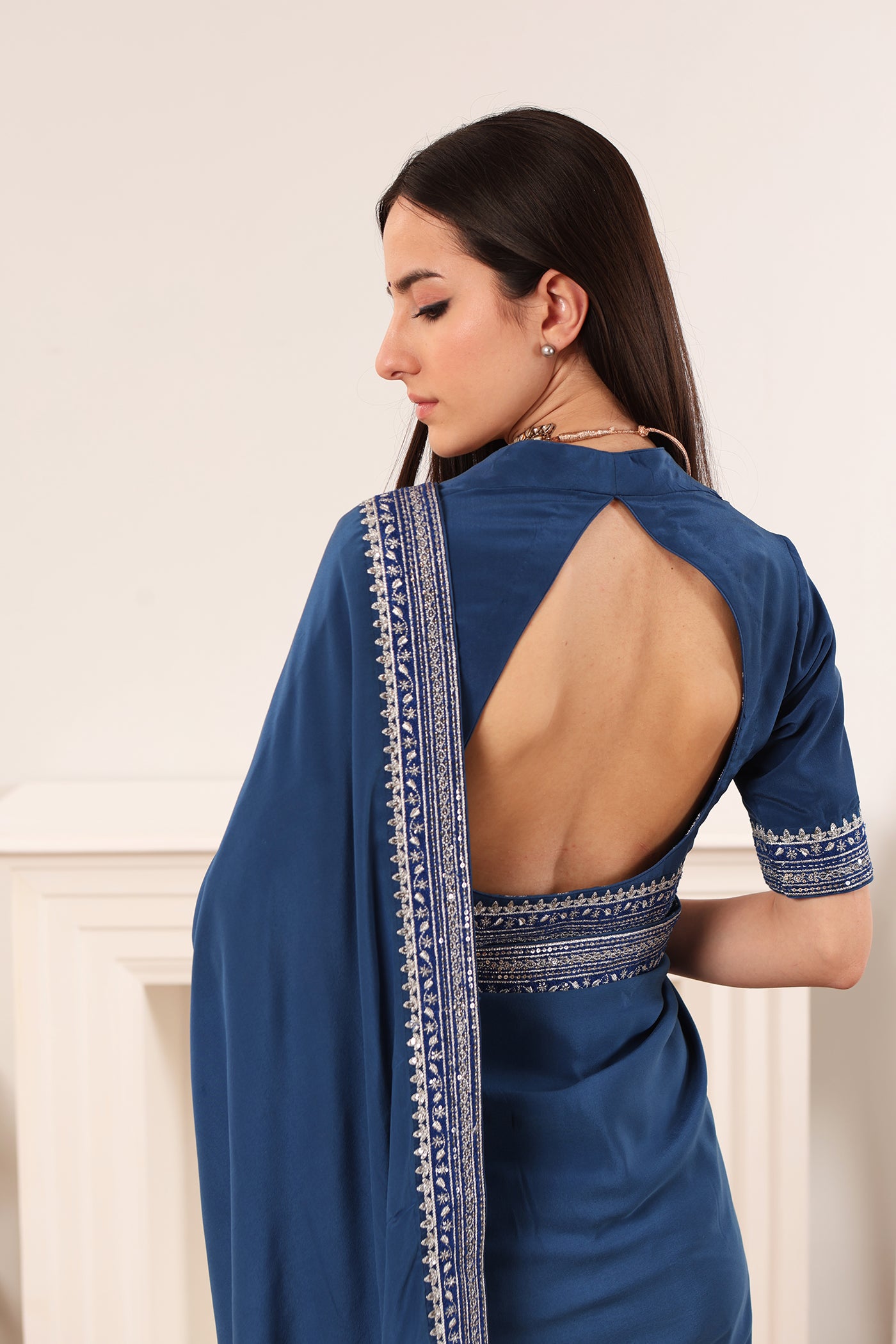 Royal-Blue Embroidered Pure Crepe-Silk Saree-Blouse Set