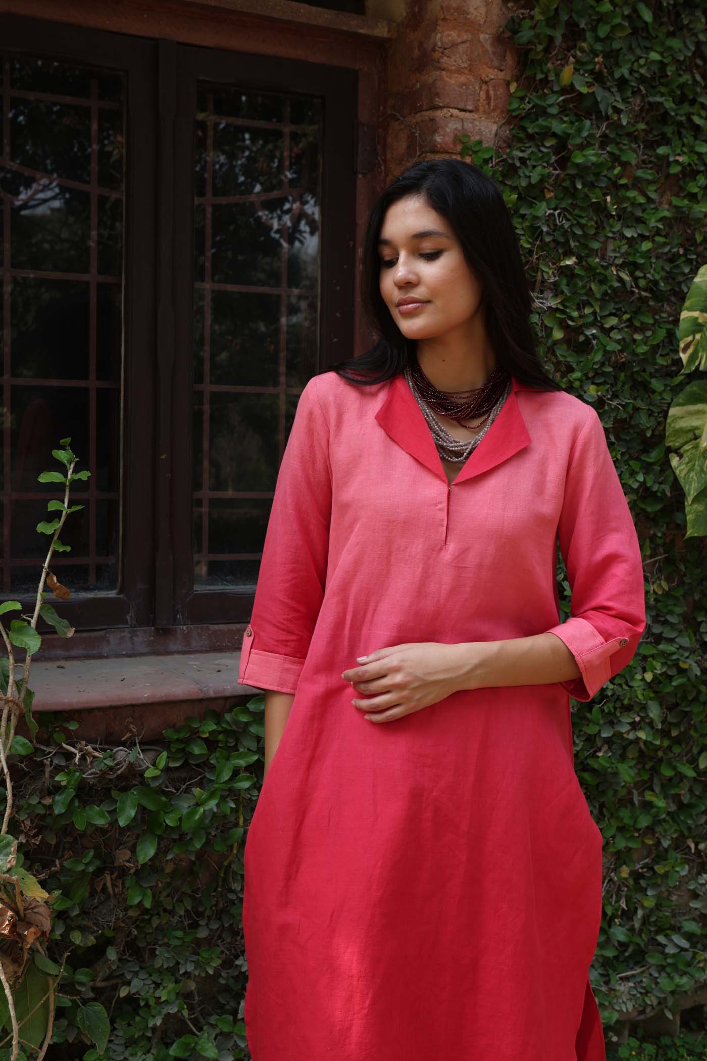 Coral-Pink Ombre Dyed Collared Pure Linen-Kurta-Pants Set