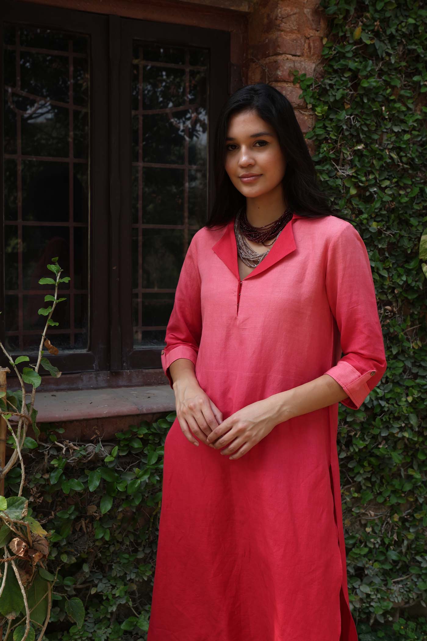 Coral-Pink Ombre Dyed Collared Pure Linen-Kurta-Pants Set