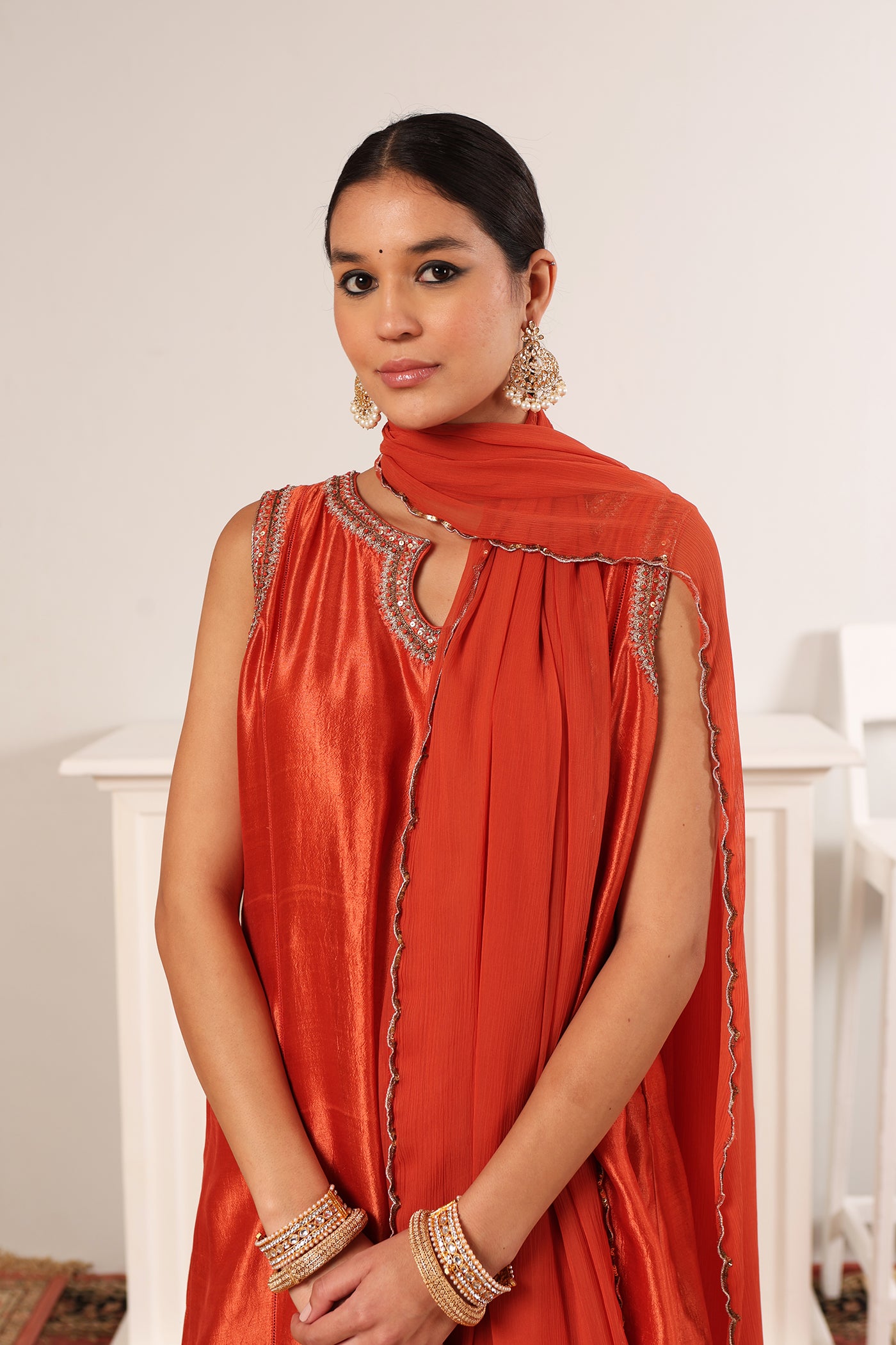 Burnt-Peach Hand-Embroidered Handloom Pure Silk Sleeveless Kurta-Salwar Set