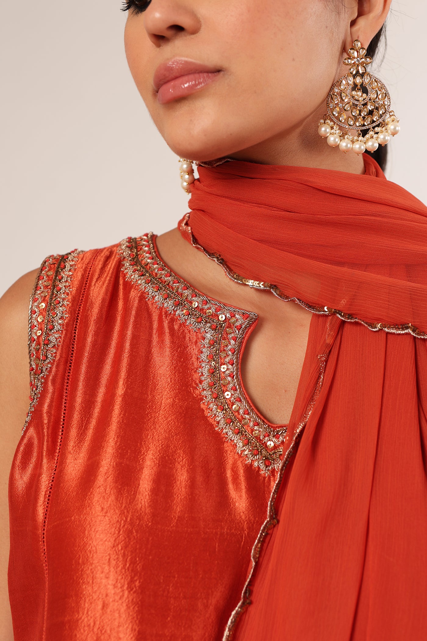 Burnt-Peach Hand-Embroidered Handloom Pure Silk Sleeveless Kurta-Salwar Set