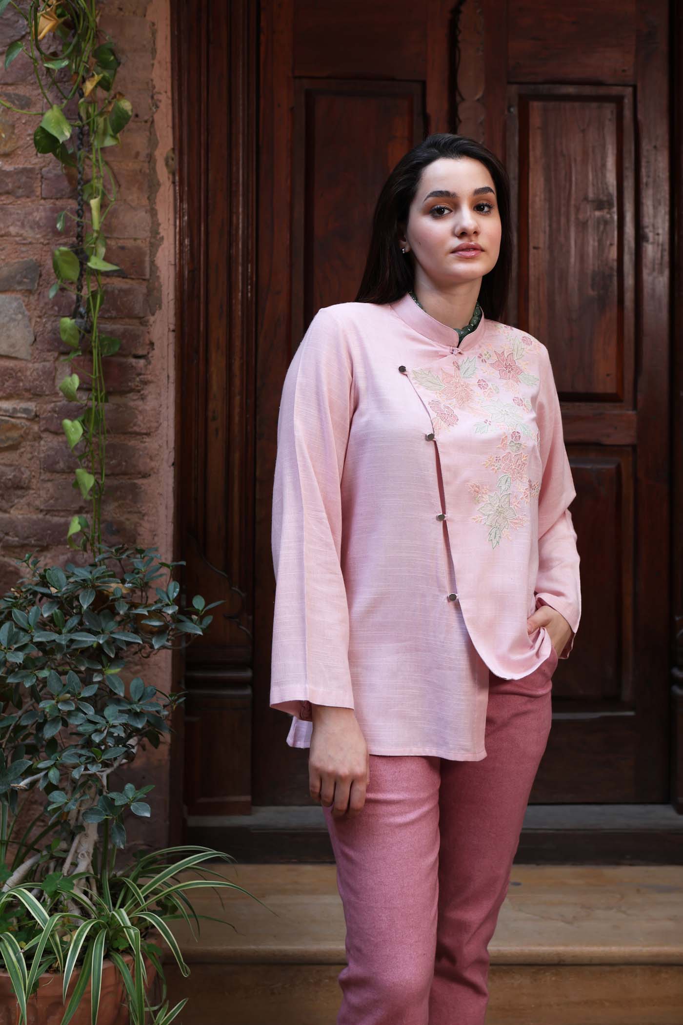 Light-Pink Embroidered (Applique & Cutwork) Pure Cotton Band-Collared Short-Blouse With An Asymmetrical Front Opening