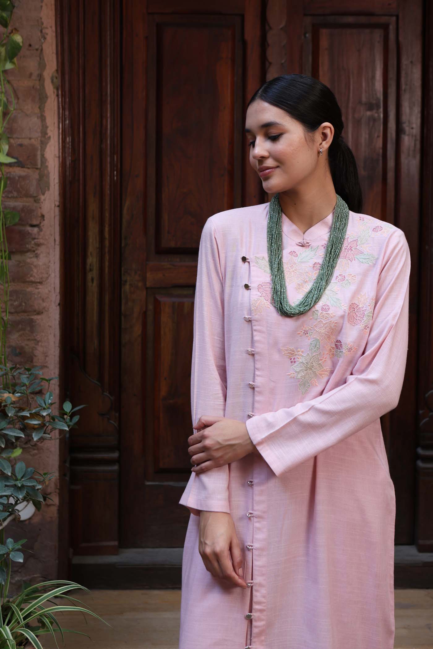 Baby-Pink Embroidered (Applique & Cuwork) Pure Cotton-Slub Kurta-Pants Set