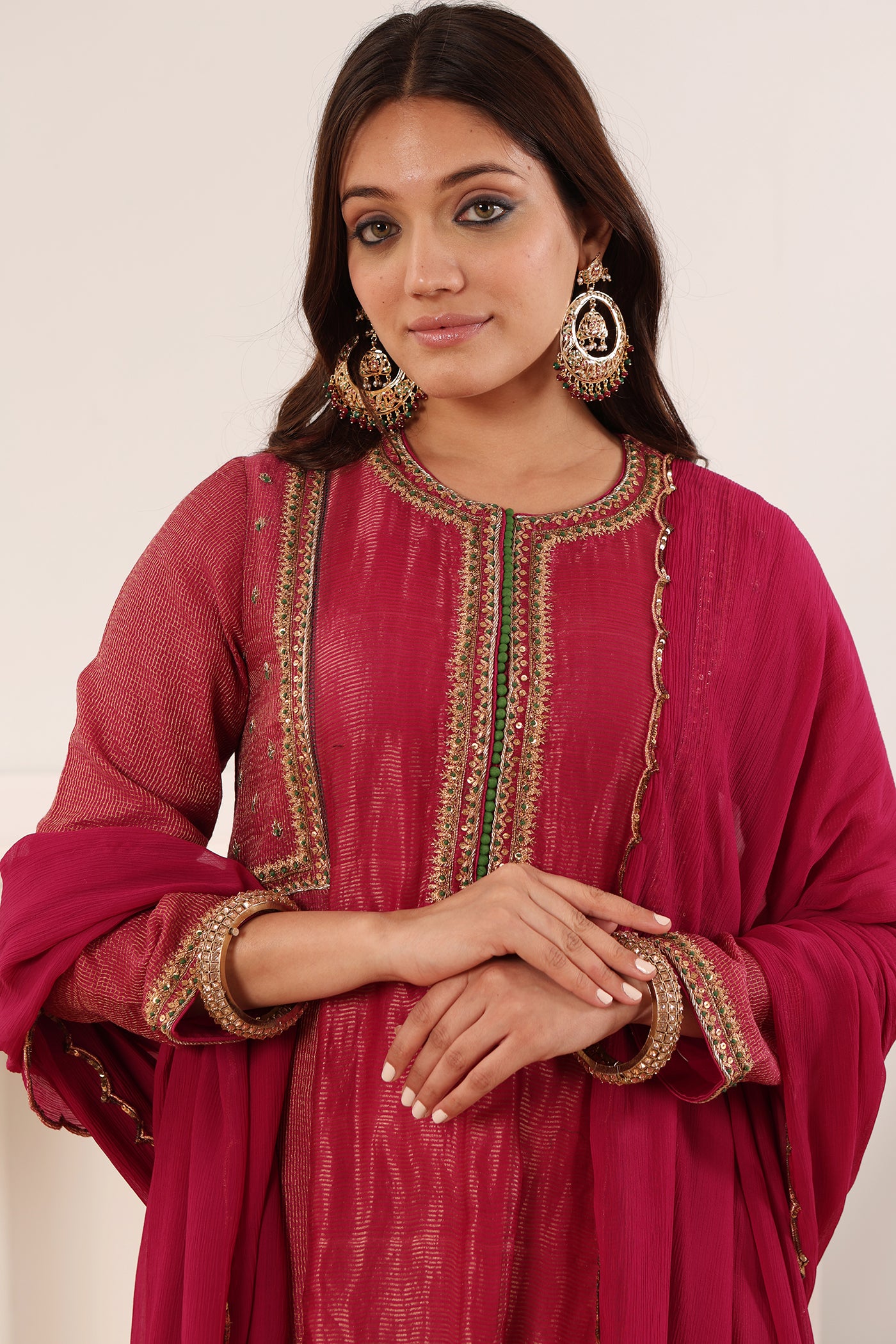 Majenta-Pink Hand-Embroidered Handloom Pure Cotton-Silk (Stripes & Checks) Kurta-Pants Set