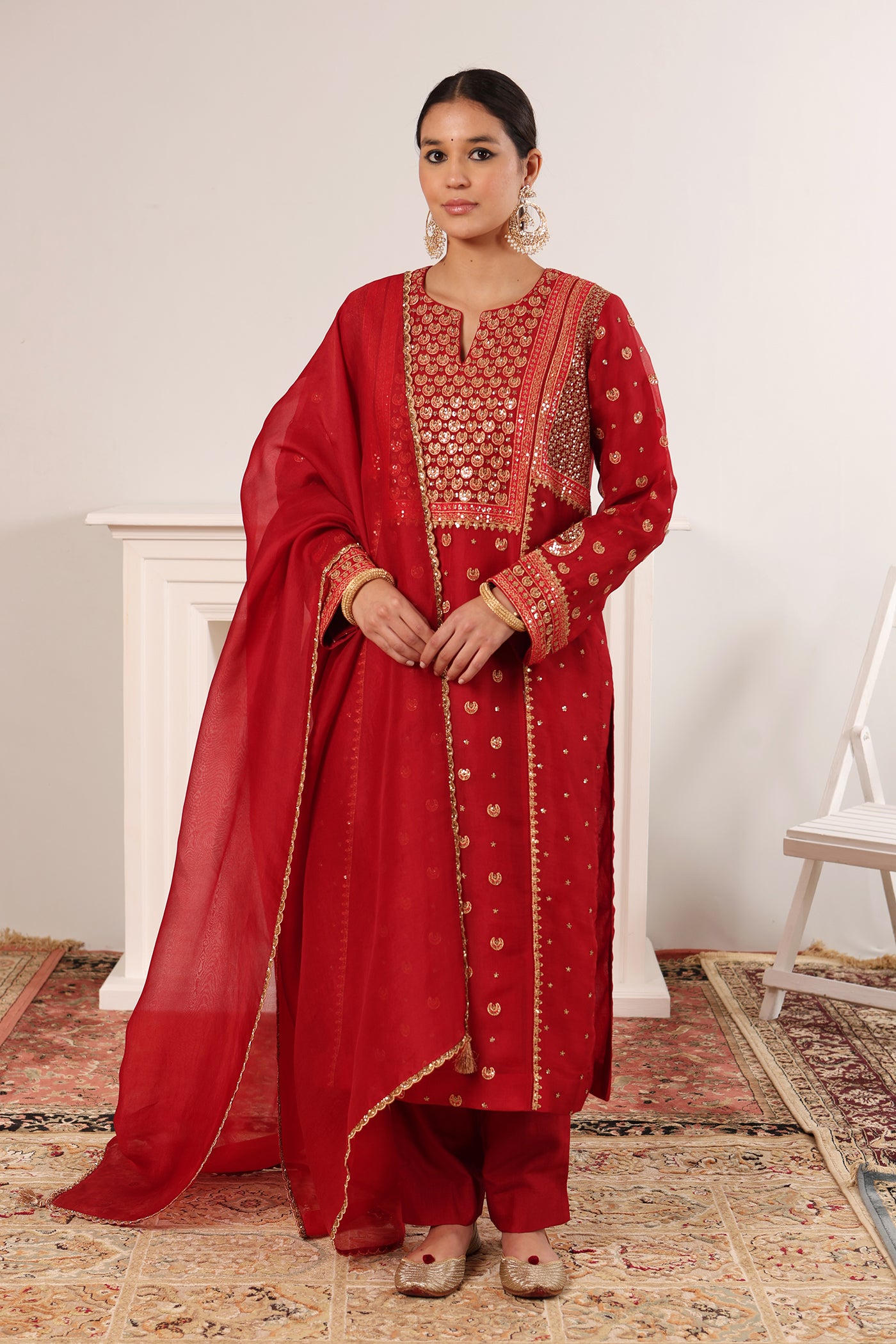 Bridal-Red Hand-Embroidered Pure Silk-Organza Kurta-Pants Set