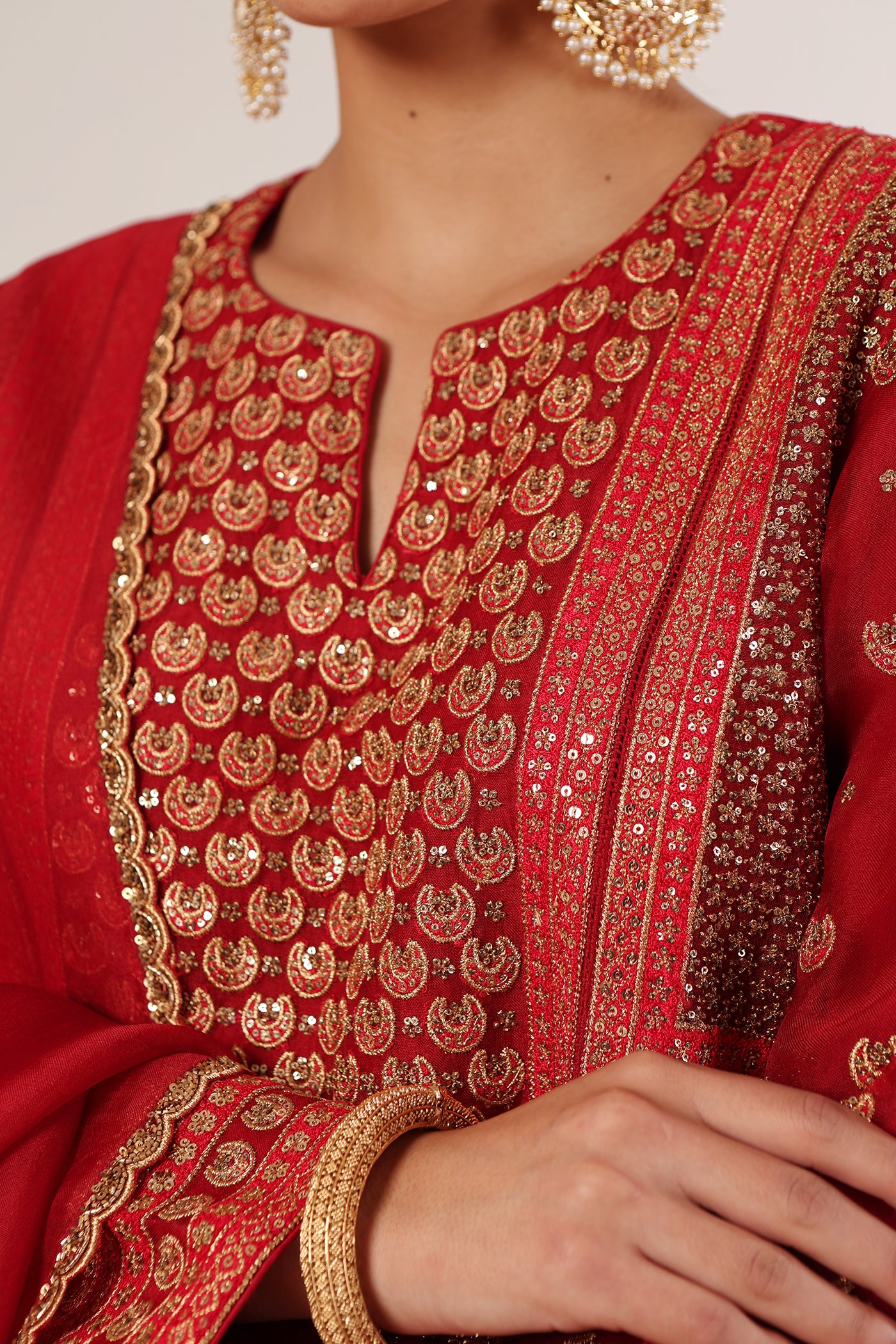 Bridal-Red Hand-Embroidered Pure Silk-Organza Kurta-Pants Set