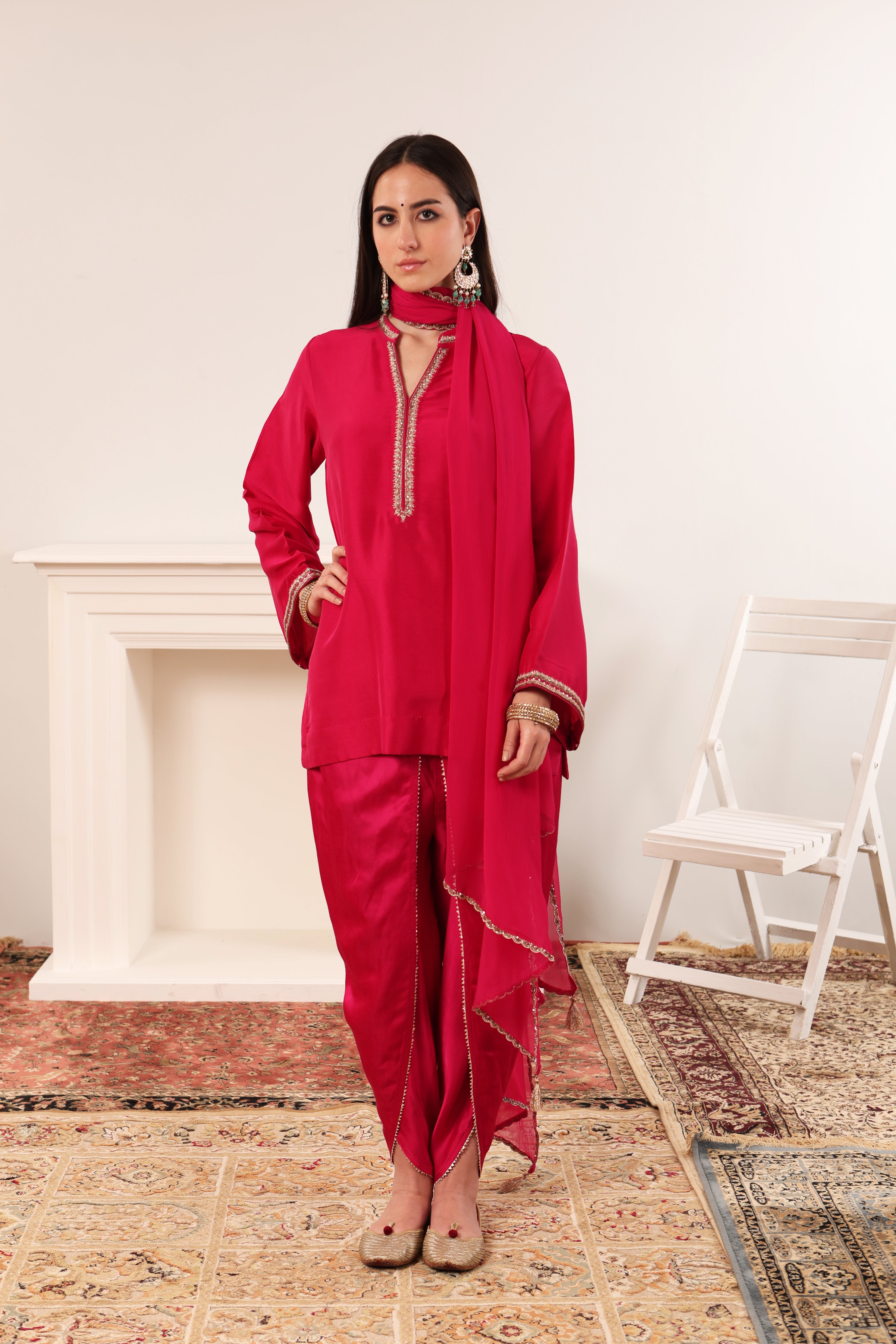 Rani-Pink Embroidered Pure Silk-Organza Short Kurta- Dhoti Pants Set