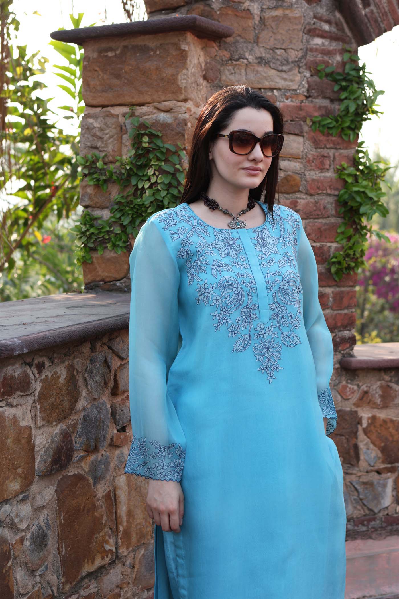 Dusty Sky-Blue Embroidered (Applique & Cuwork) Pure Silk-Organza Kurta-Pants Set