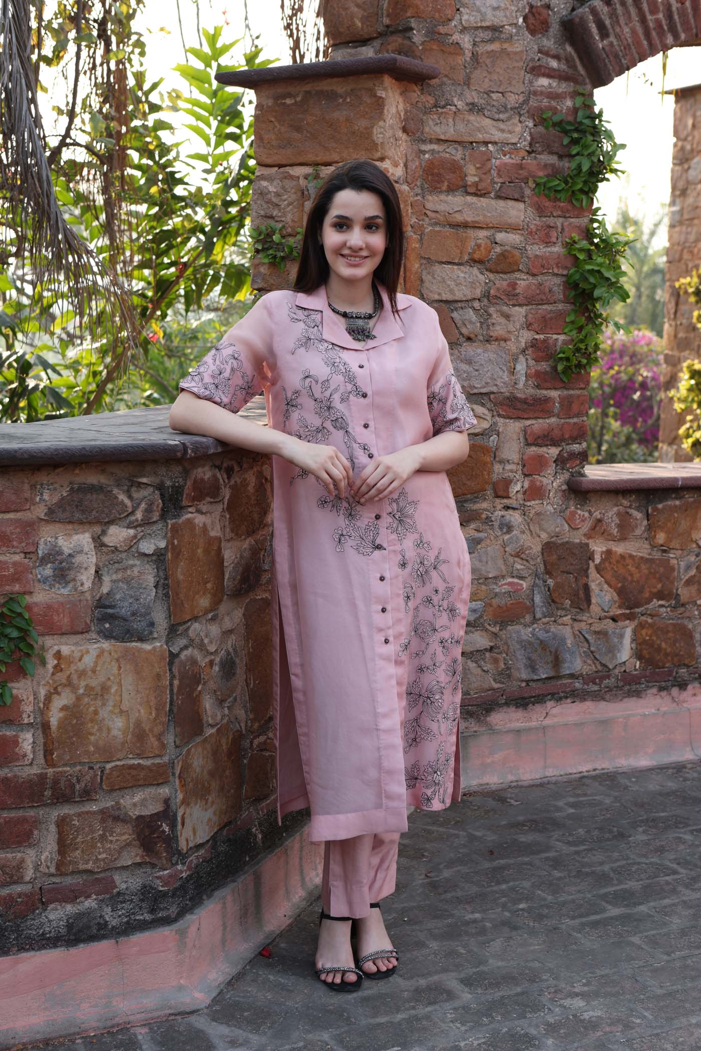 Dusty-Pink Pure Silk Organza Embroidered (Applique & Cuwork) Front-Open Collared Kurta-Pants Set
