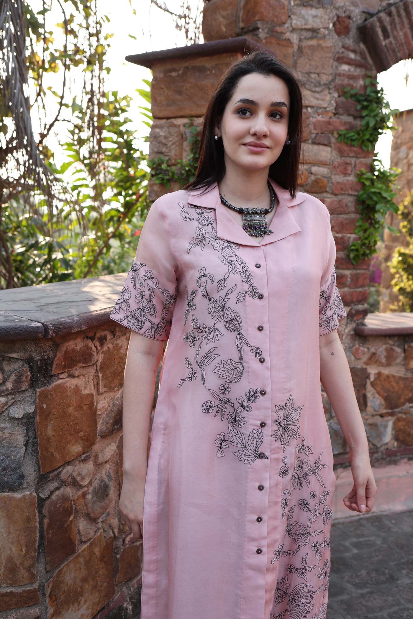 Dusty-Pink Pure Silk Organza Embroidered (Applique & Cuwork) Front-Open Collared Kurta-Pants Set