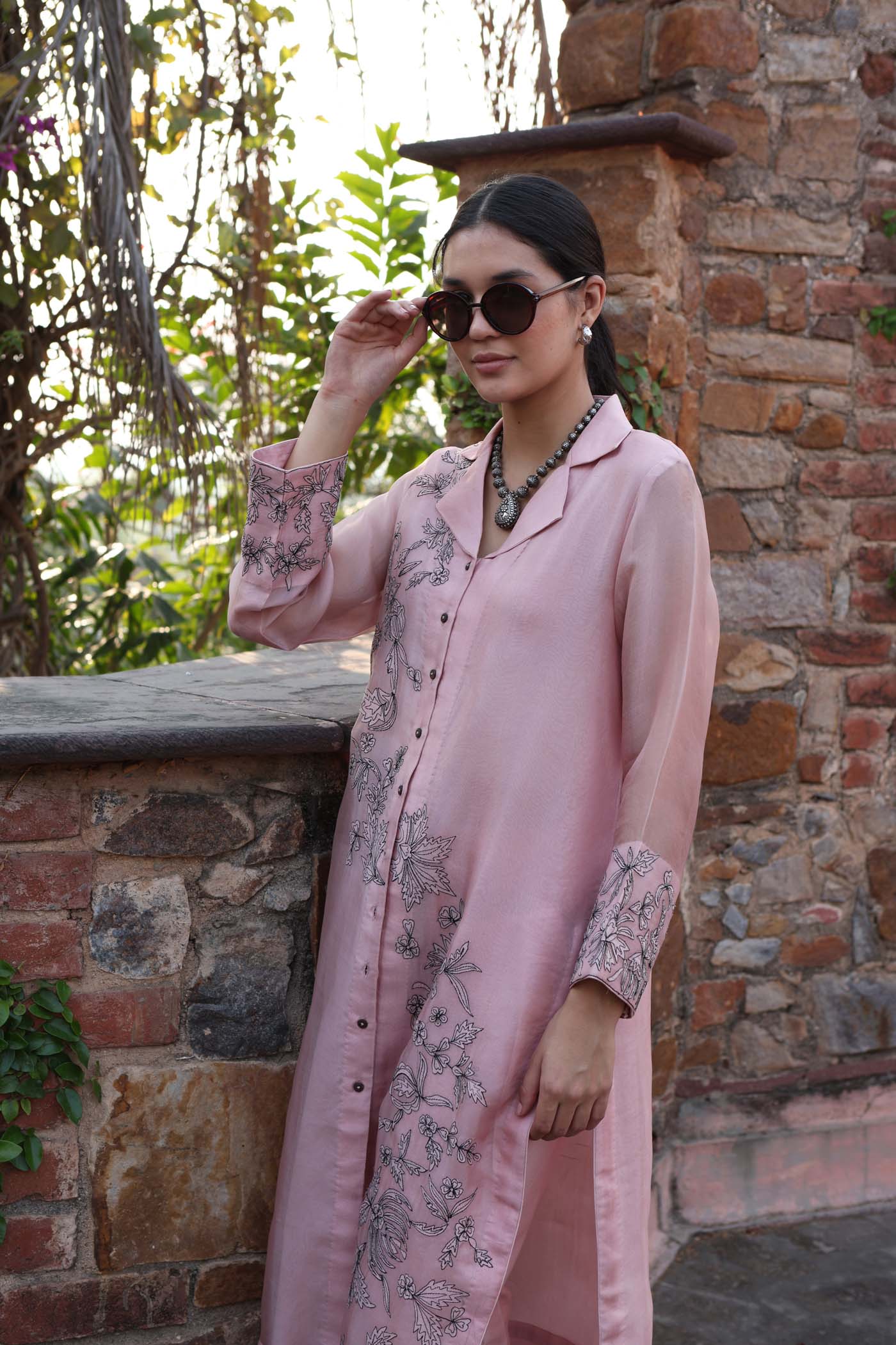 Dusty-Pink Pure Silk Organza Embroidered (Applique & Cuwork) Short-Sleeved Front- Open Collared Kurta-Pants Set