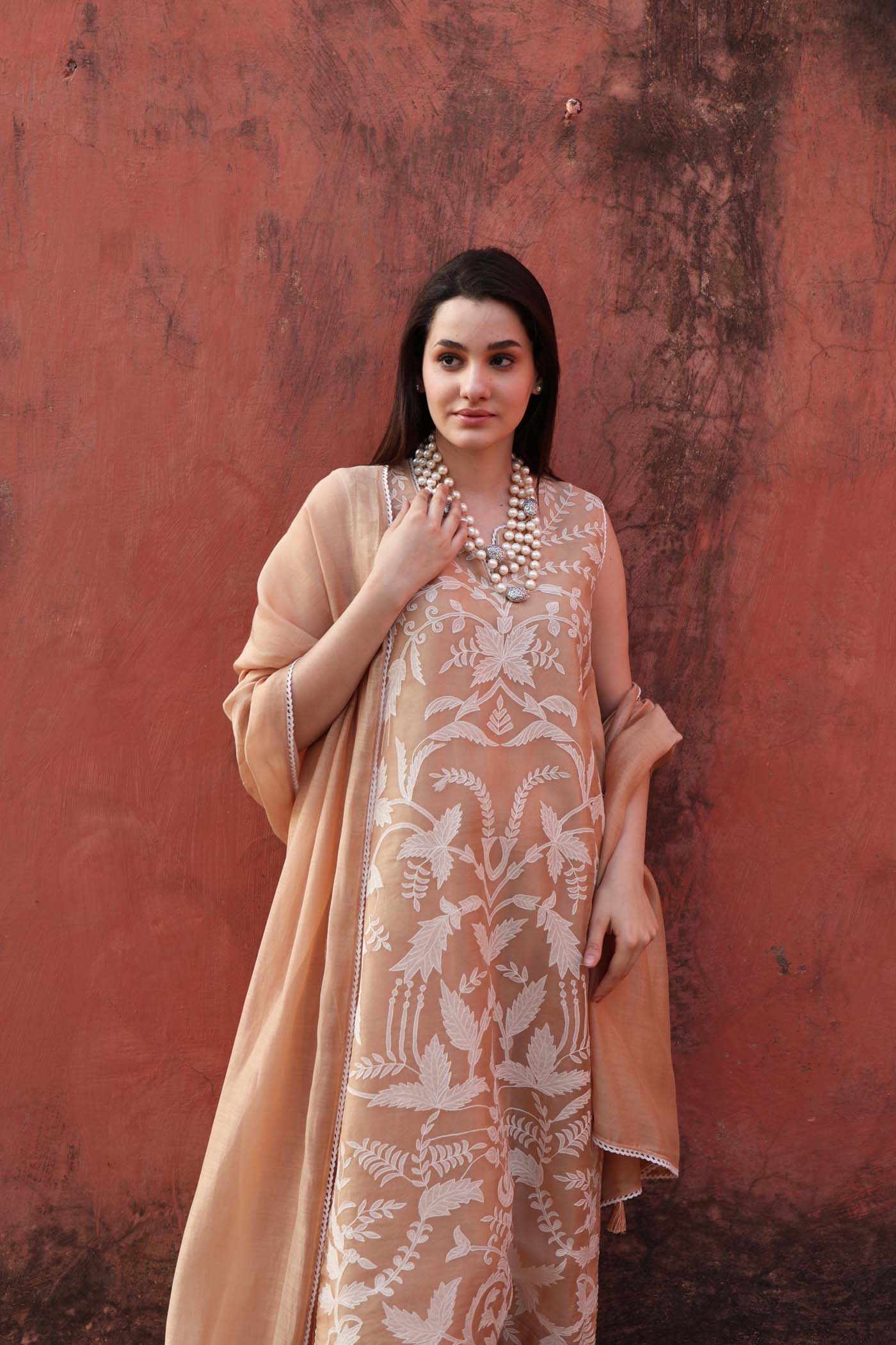 Embroidered (Applique & Cuwork) Peach- Pink Pure Silk-Organza Sleeveless Kurta- Pants Set