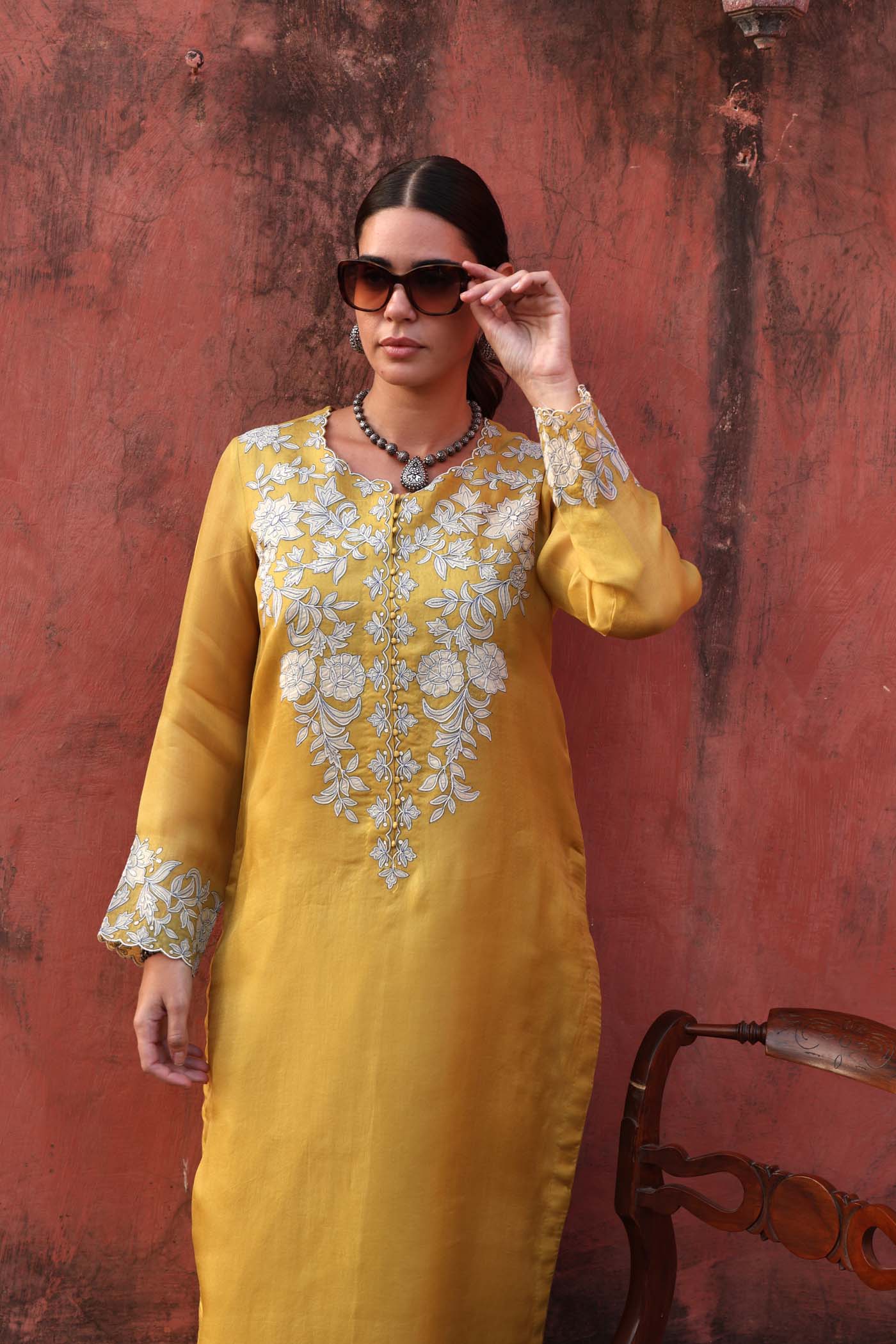 Dusty-Lime Embroidered (Applique & Cuwork) Pure Silk-Organza Kurta-Pants Set