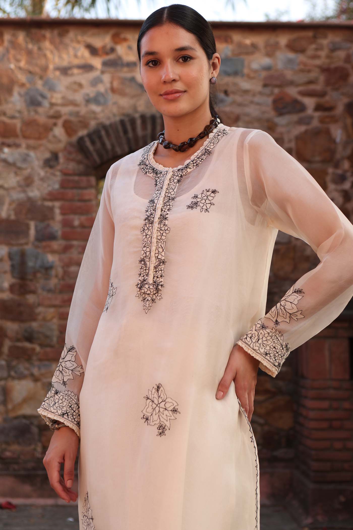 Embroidered (Applique & Cuwork) Ivory Pure Silk-Organza Kurta-Pants Set