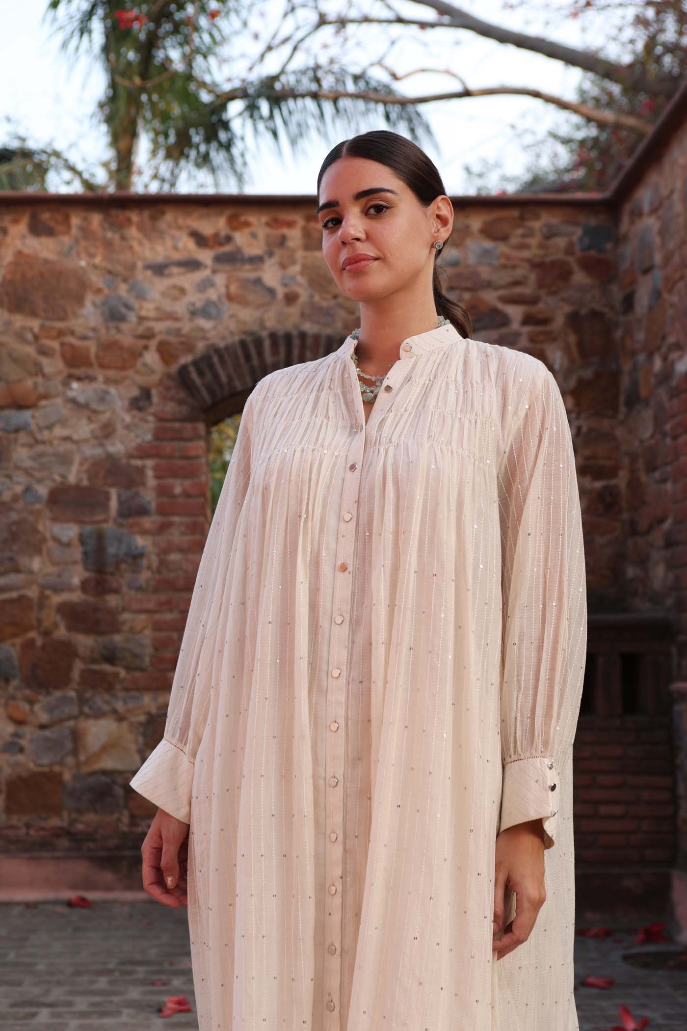Ivory Pure Silk-Cotton Sequinned Front-Open Collared Long Kurta-Pants Set
