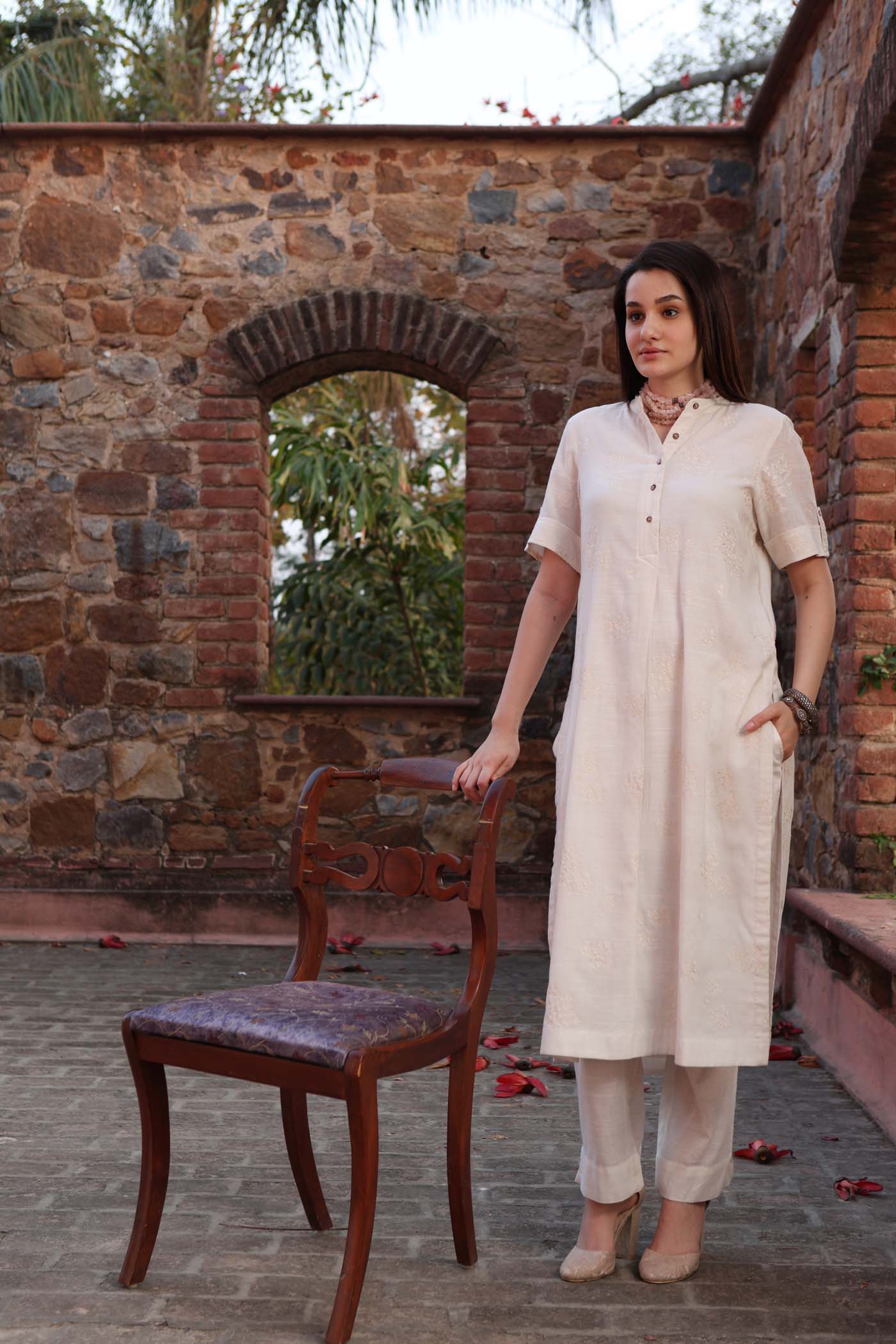 Ivory Embroidered Pure Cotton Collared Short-Sleeved Kurta-Pants Set