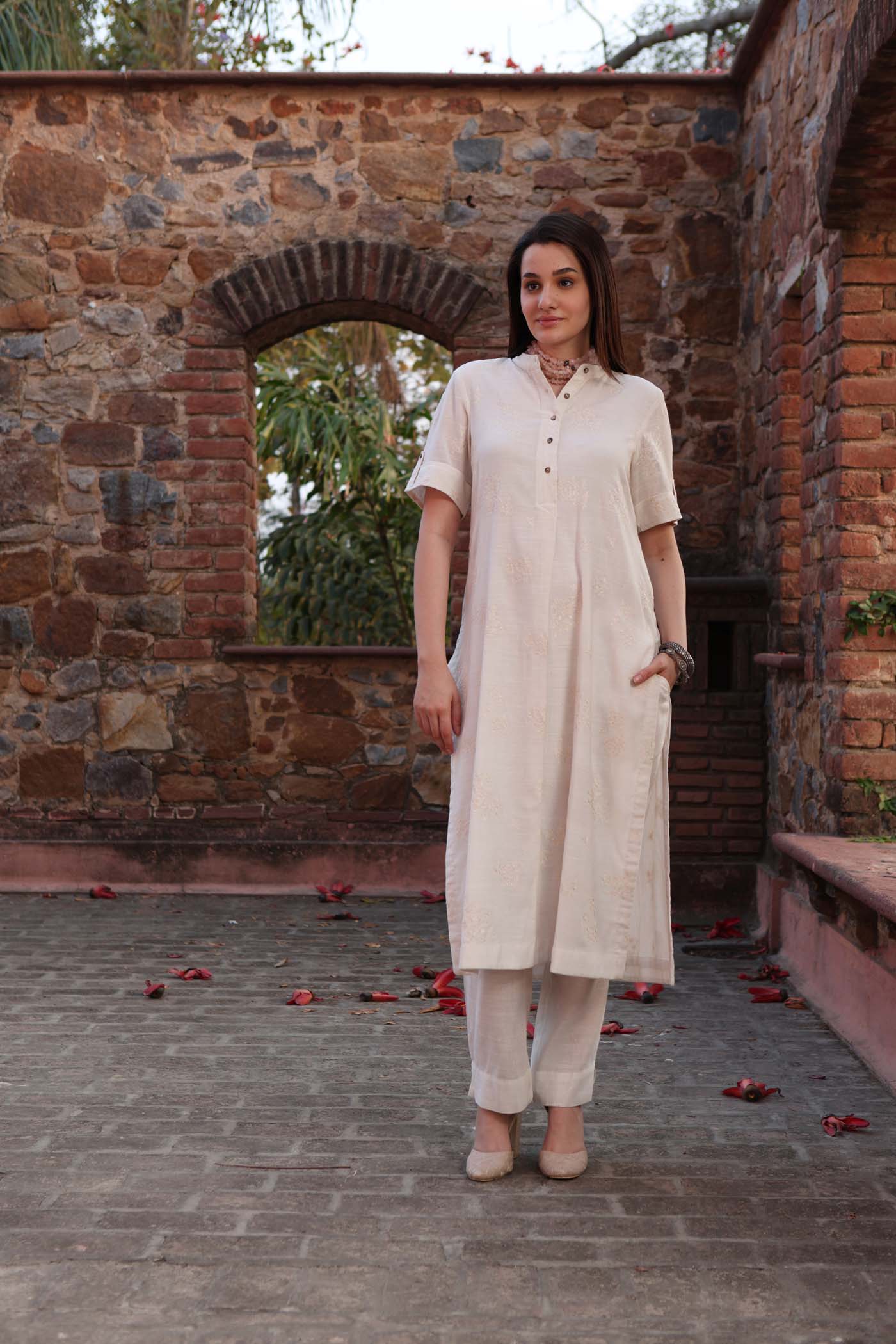 Ivory Embroidered Pure Cotton Collared Short-Sleeved Kurta-Pants Set