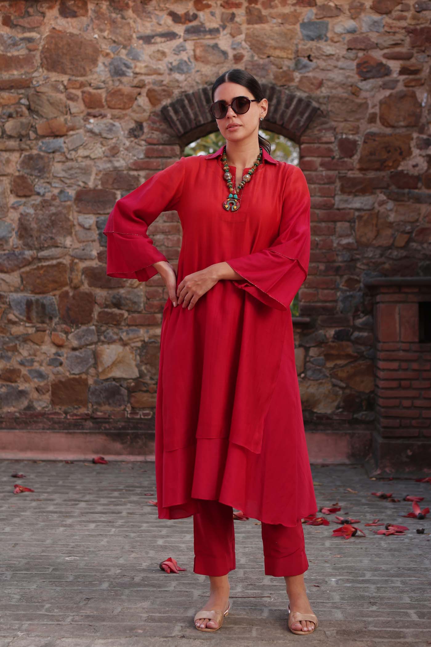 Orange-Red Ombre Double-Layered Collared Pure Cotton-Silk Kurta-Pants Set