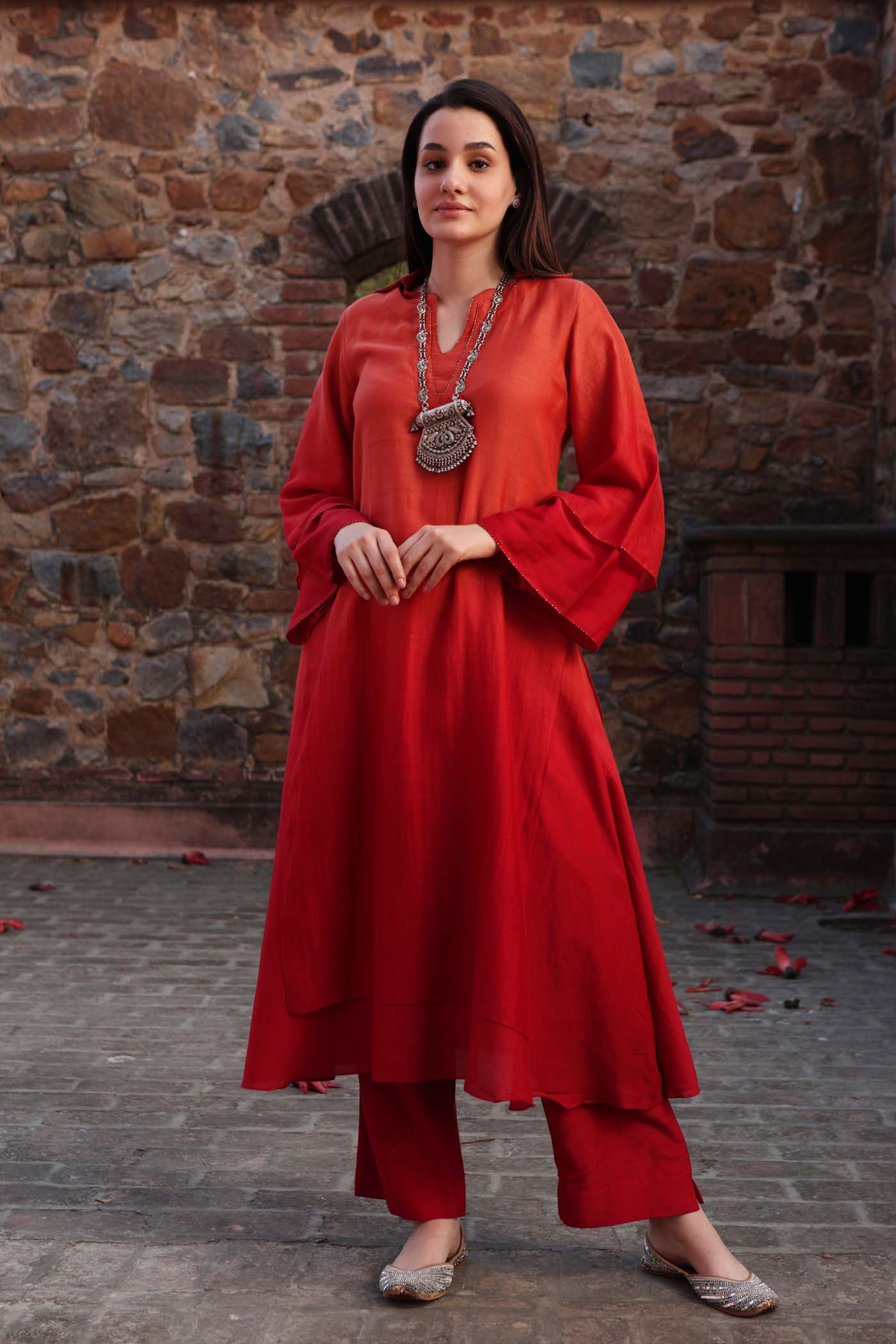 Red-Pink Ombre Double-Layered Collared Pure Cotton-Silk Kurta-Pants Set