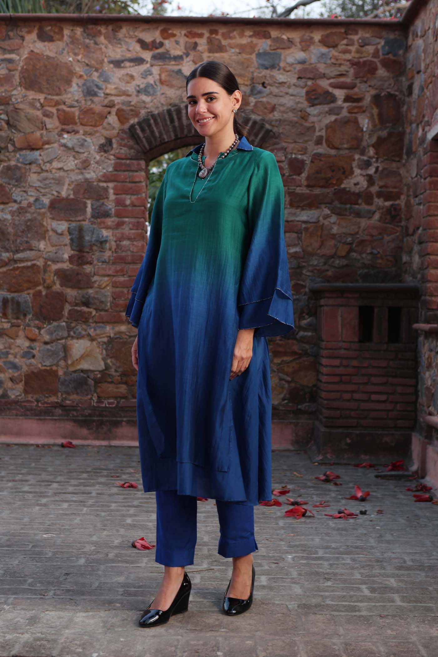 Peacock Blue-Green Ombre Double-Layered Collared Pure Cotton-Silk Kurta-Pants Set