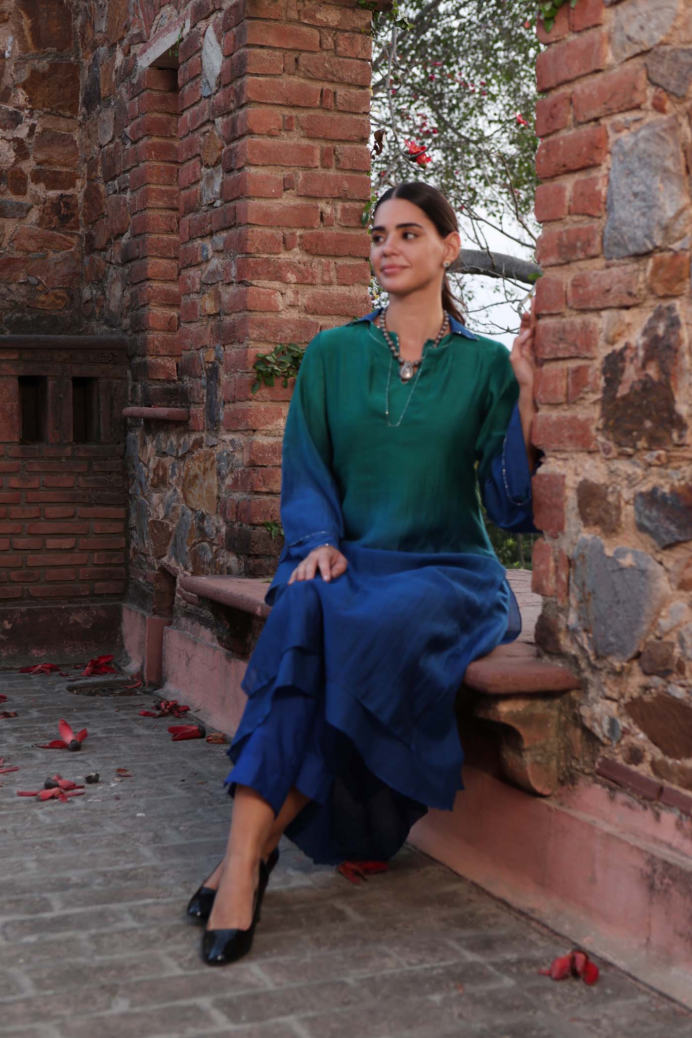 Peacock Blue-Green Ombre Double-Layered Collared Pure Cotton-Silk Kurta-Pants Set