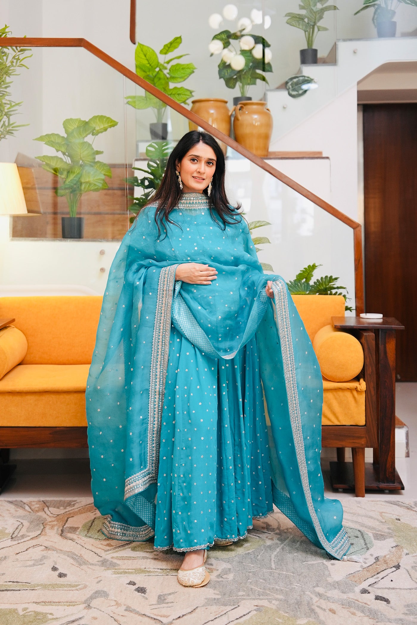 Hand Embroidered Sea Blue Pure Crepe Silk Anarkali Pants Set