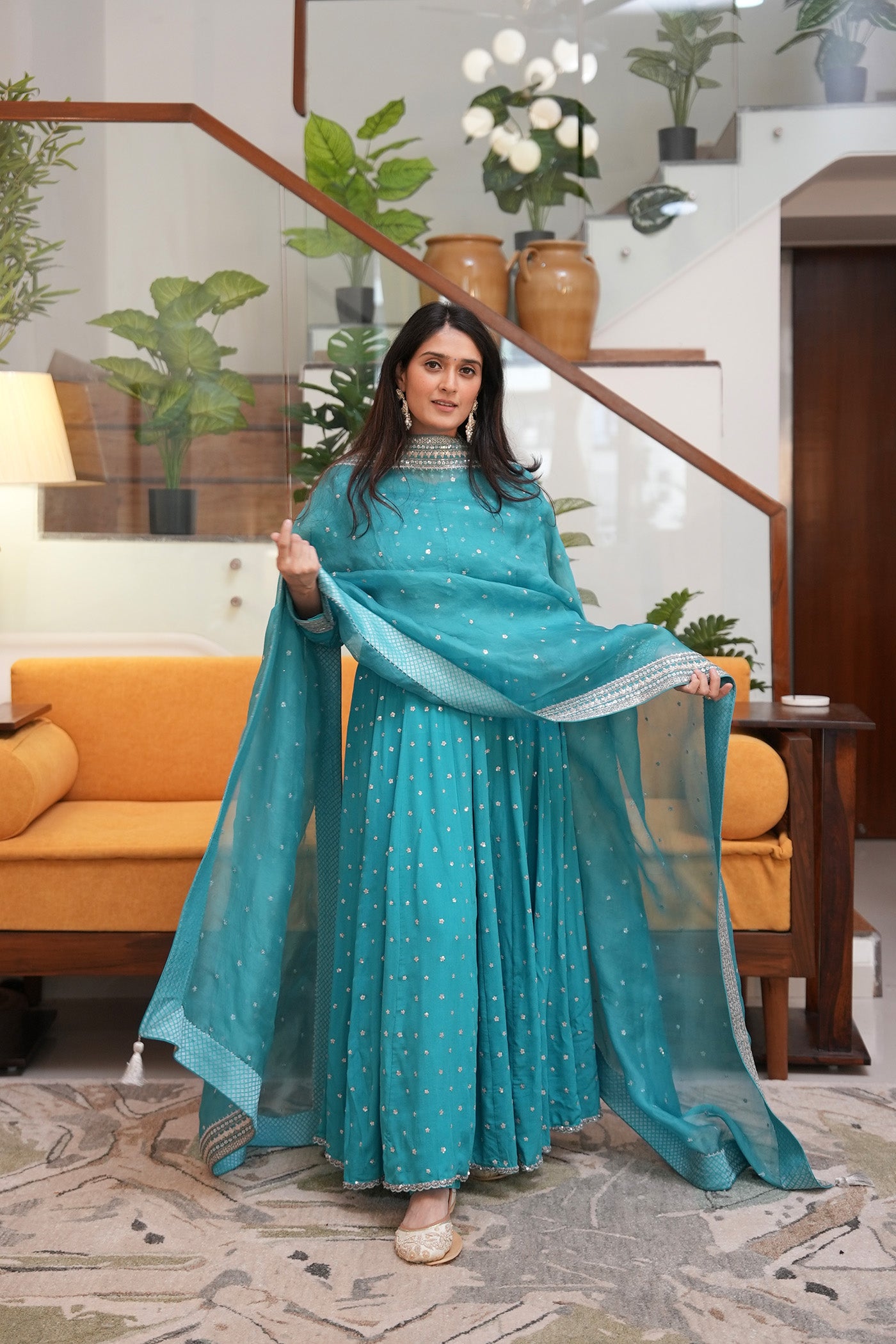 Hand Embroidered Sea Blue Pure Crepe Silk Anarkali Pants Set