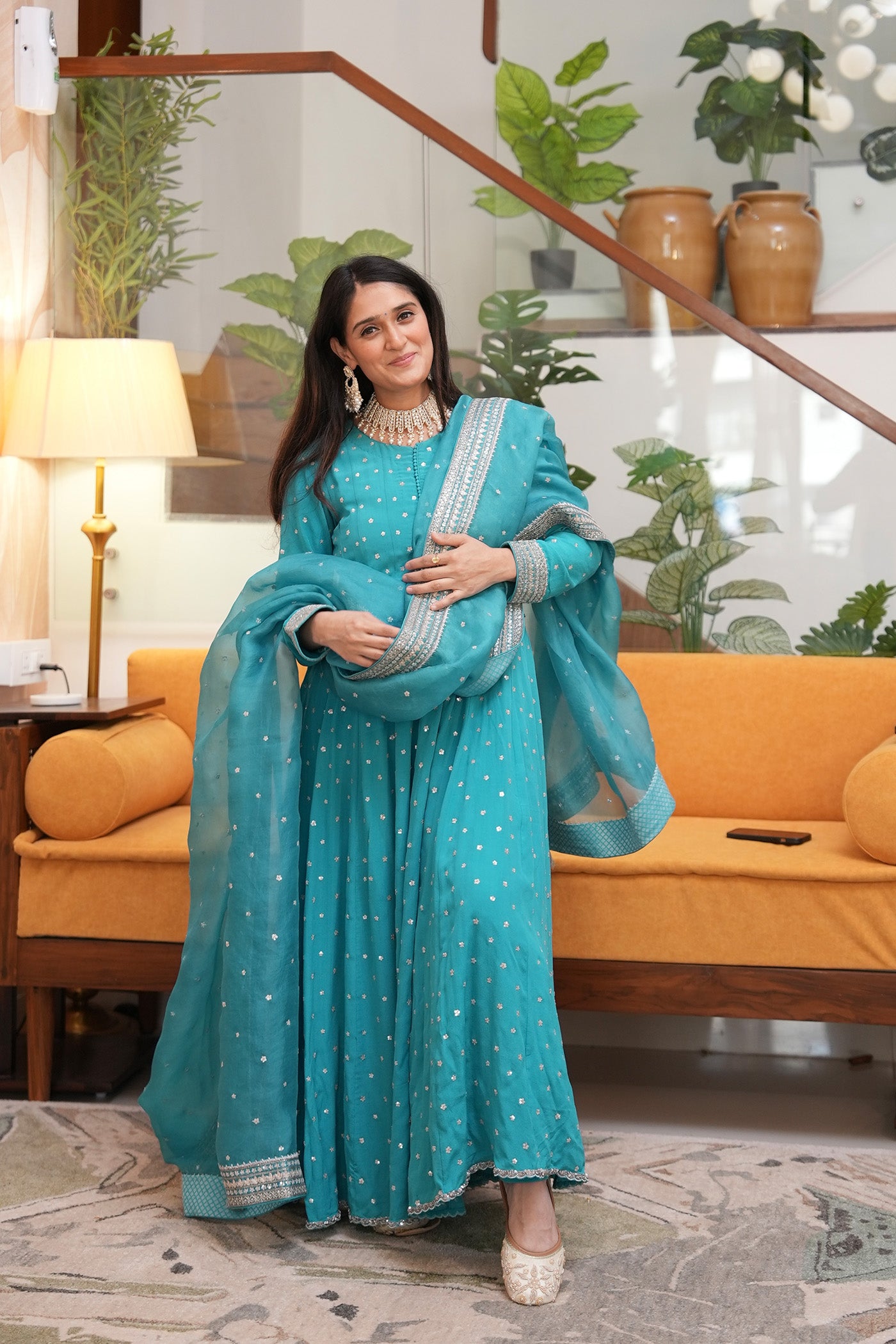 Hand Embroidered Sea Blue Pure Crepe Silk Anarkali Pants Set