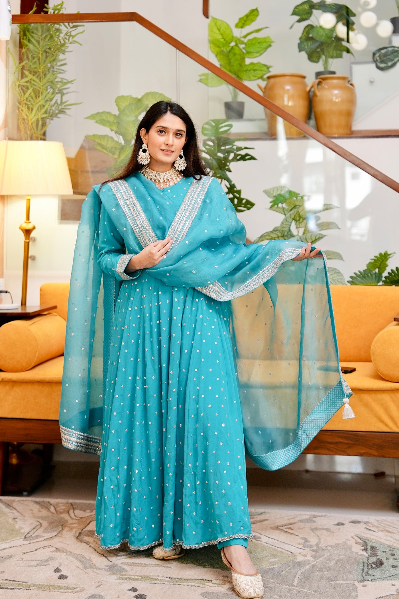 Hand Embroidered Sea Blue Pure Crepe Silk Anarkali Pants Set