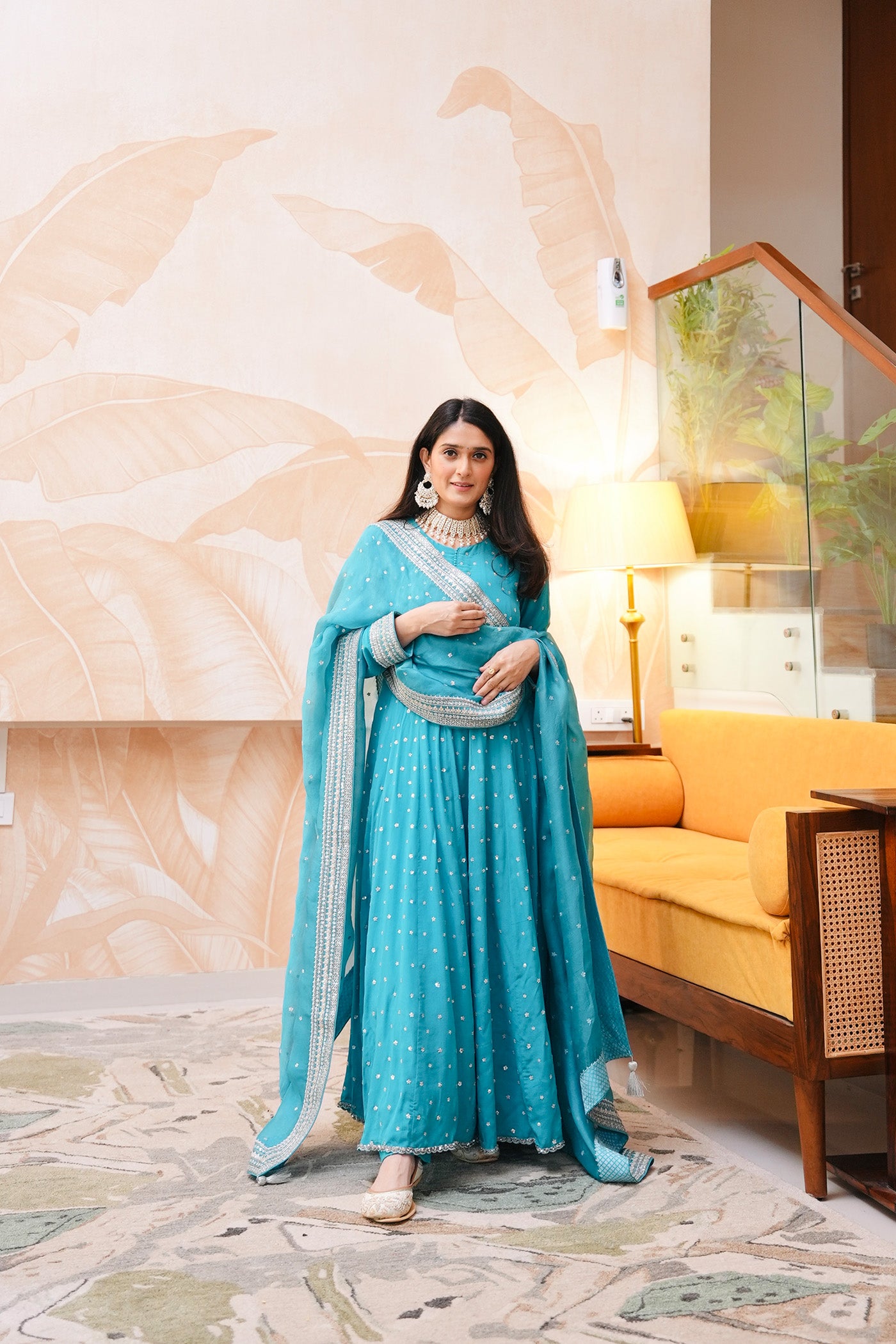 Hand Embroidered Sea Blue Pure Crepe Silk Anarkali Pants Set