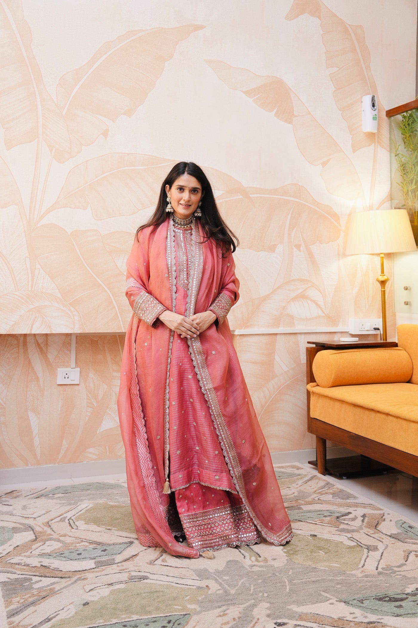 Hand Embroidered Honeysuckle Pink Pure Katan Silk Long Kurta Sharara Set