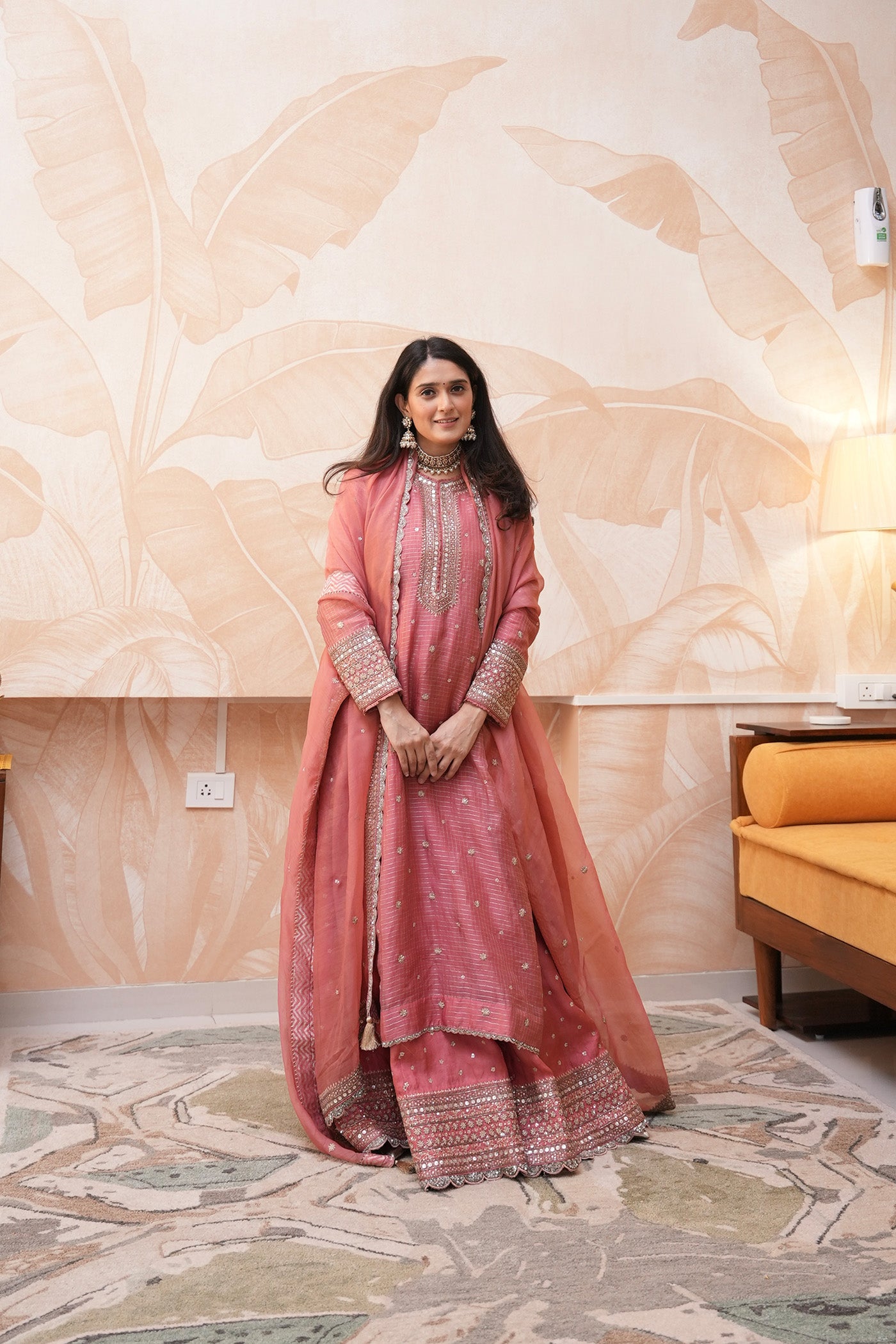 Hand Embroidered Honeysuckle Pink Pure Katan Silk Long Kurta Sharara Set