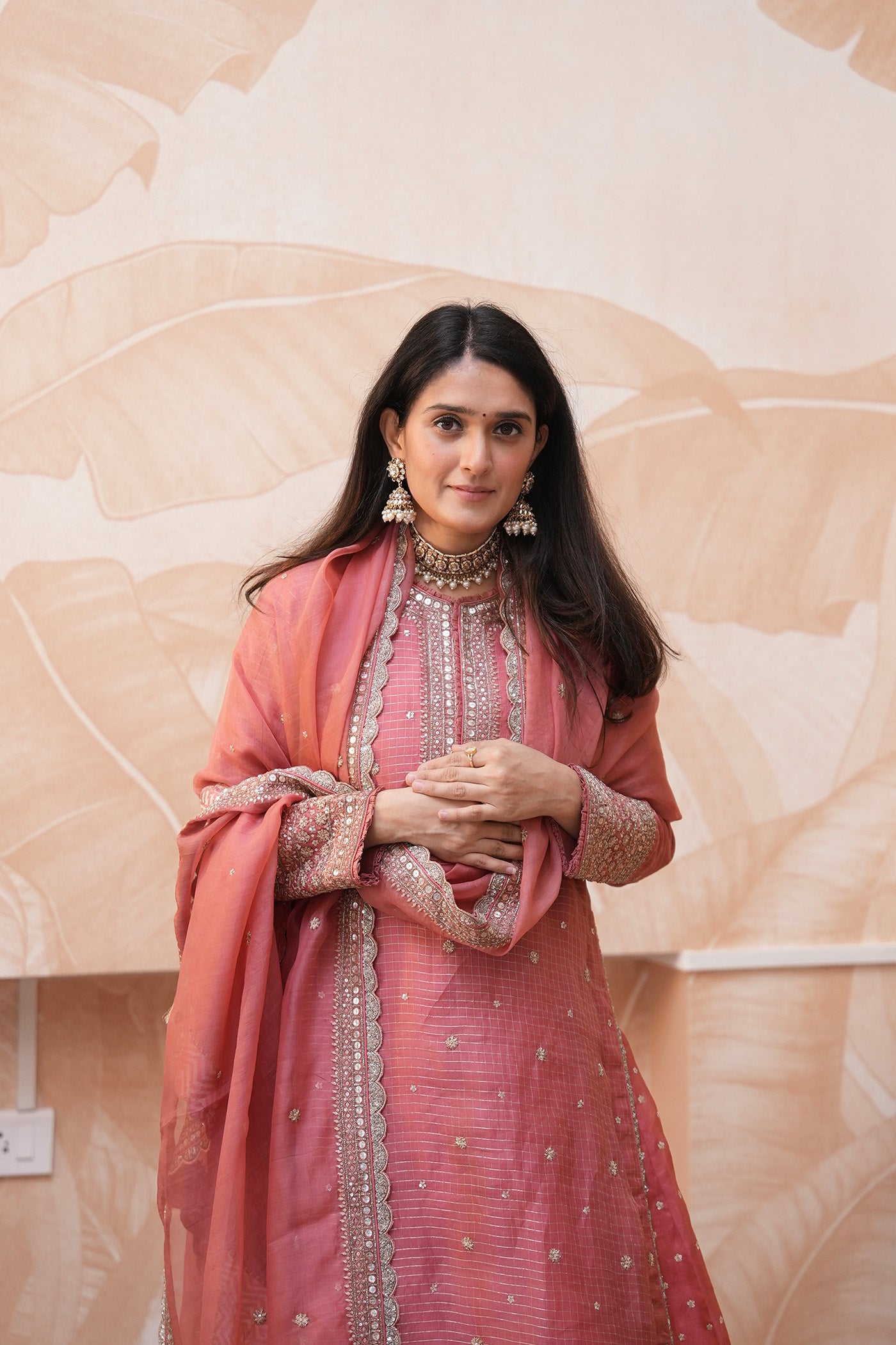 Hand Embroidered Honeysuckle Pink Pure Katan Silk Long Kurta Sharara Set